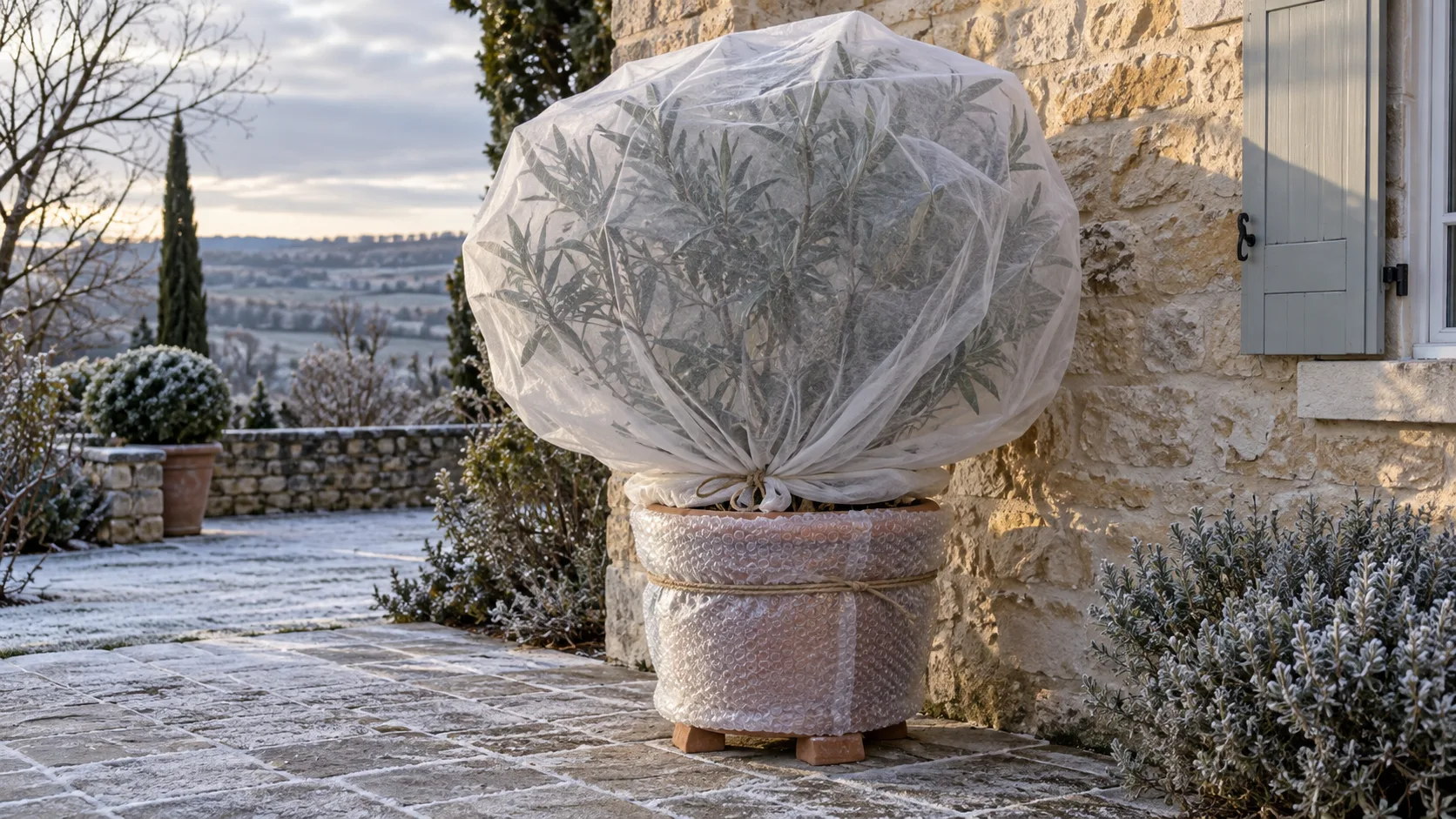 Grand laurier-rose en bac contre un mur de pierre, feuillage couvert d'un voile blanc et pot emmailloté de papier bulle, posé sur des pieds de pot