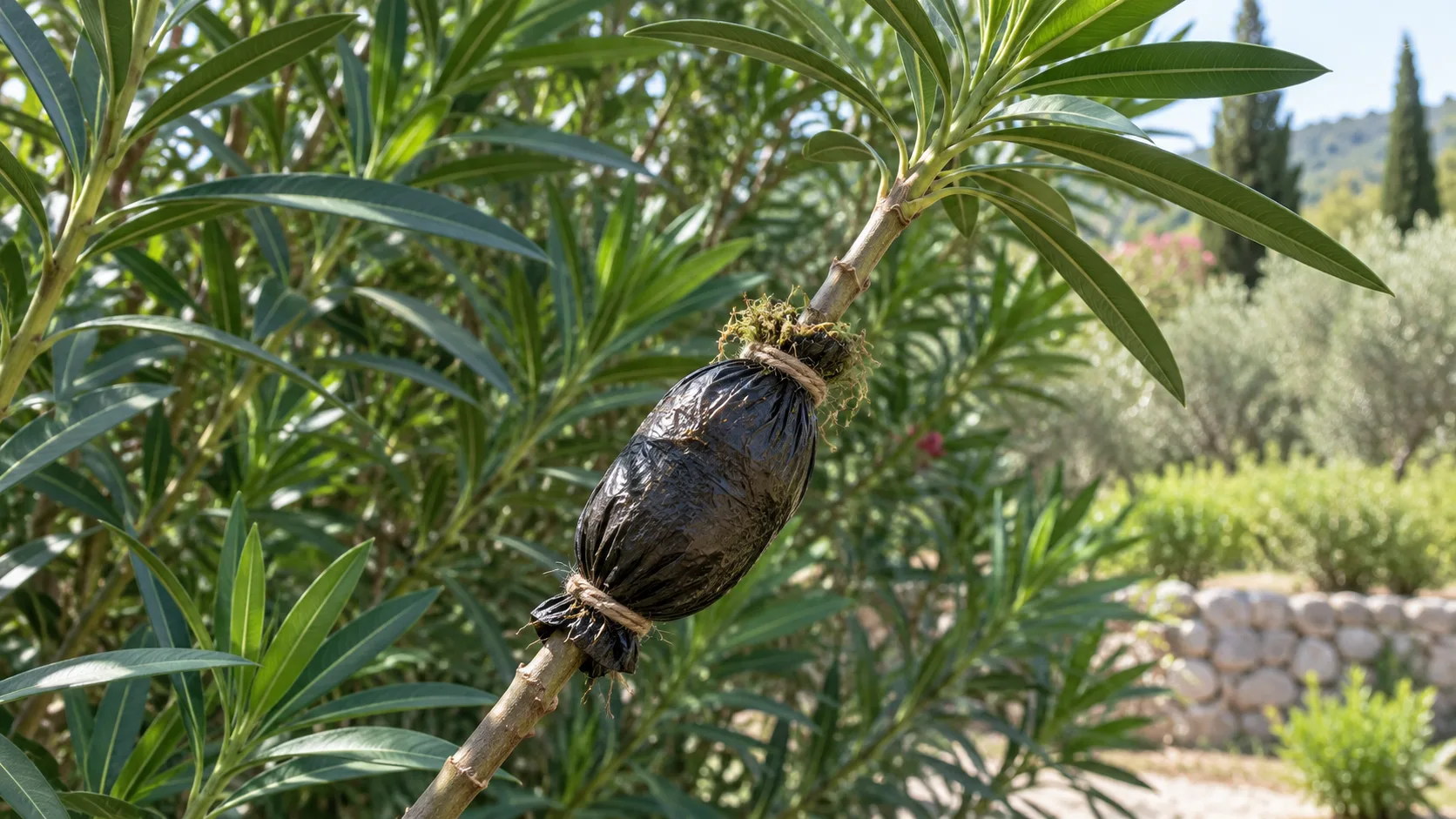 Manchon de plastique noir gonflé de sphaigne, ficelé en haut et en bas autour d'une branche de laurier-rose dégarnie de ses feuilles, la tête feuillue au-dessus
