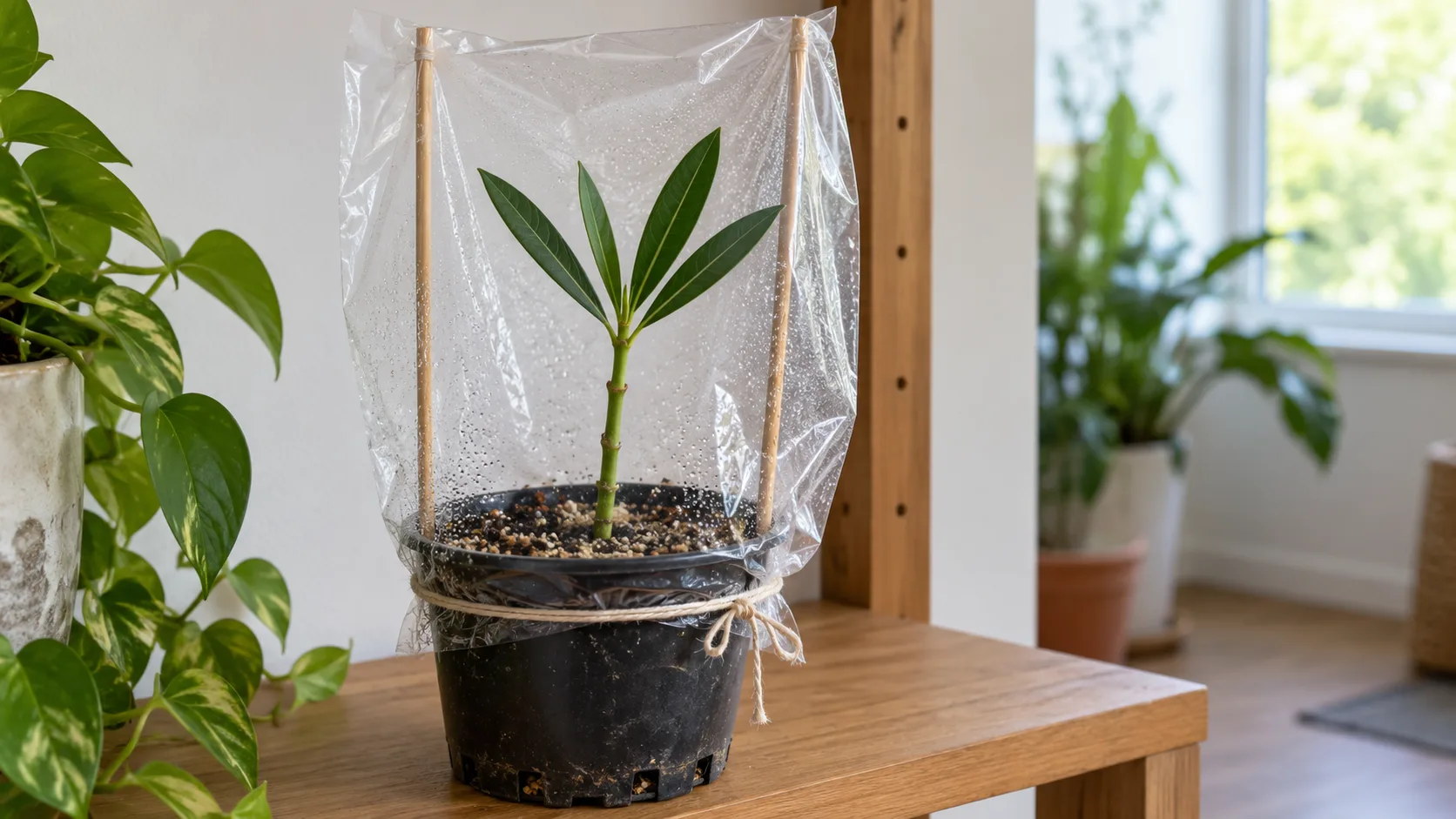 Bouture de laurier-rose plantée dans un petit godet de terreau sableux, sous un sac plastique transparent tenu par deux baguettes et noué sous le bord du pot, sur une étagère claire loin de la fenêtre