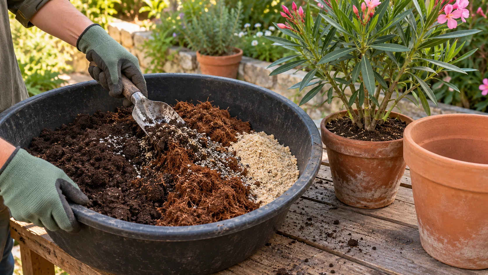 Mains gantées mélangeant à la truelle, dans un grand bac noir, un tas de terre de jardin sombre, un tas de terreau fibreux et un tas plus petit de sable clair parsemé de granulés d'engrais, à côté d'un jeune laurier-rose en pot