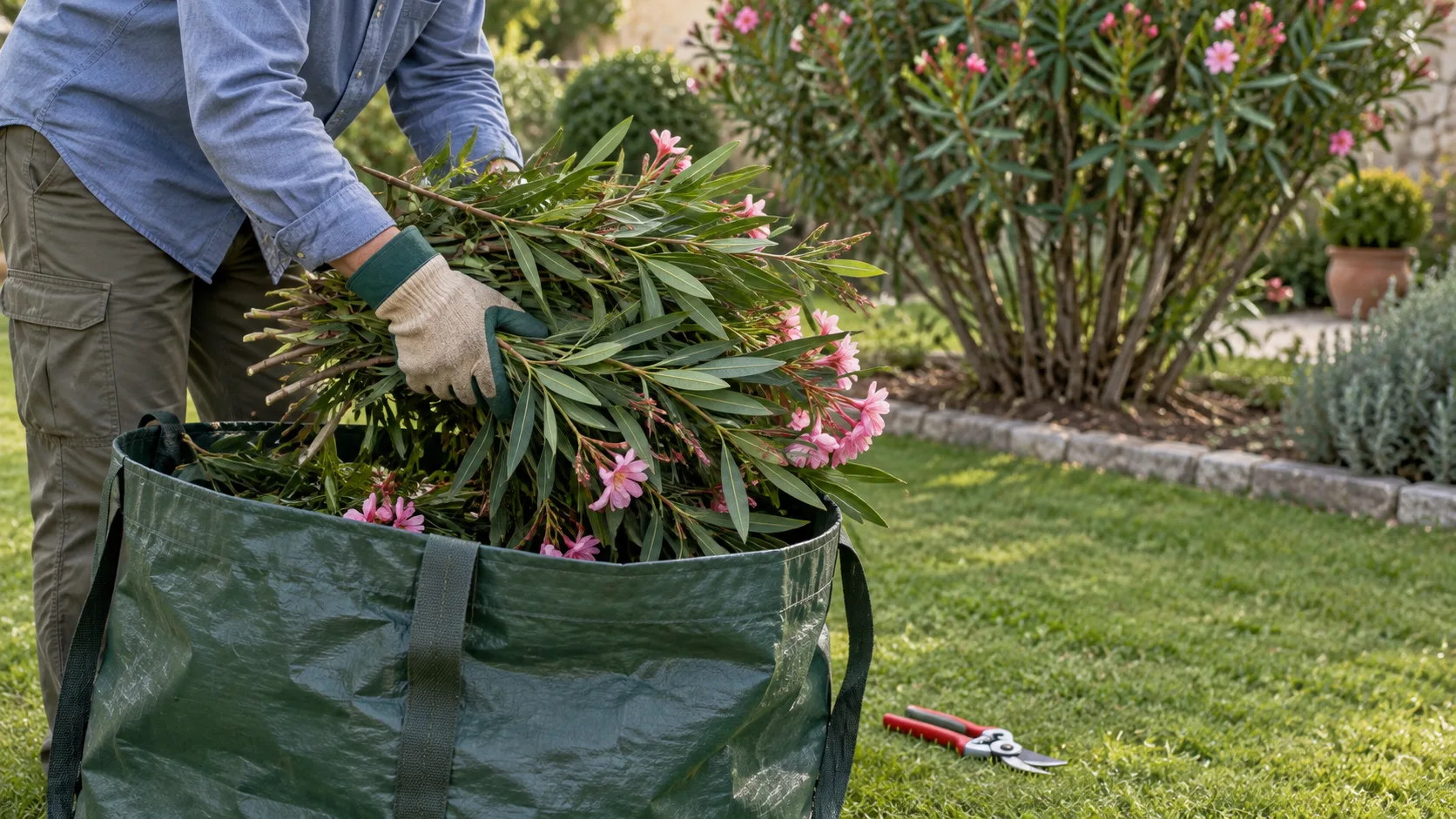 Jardinier ganté, en manches longues, déposant des branches de laurier-rose fraîchement taillées dans un grand sac à déchets verts