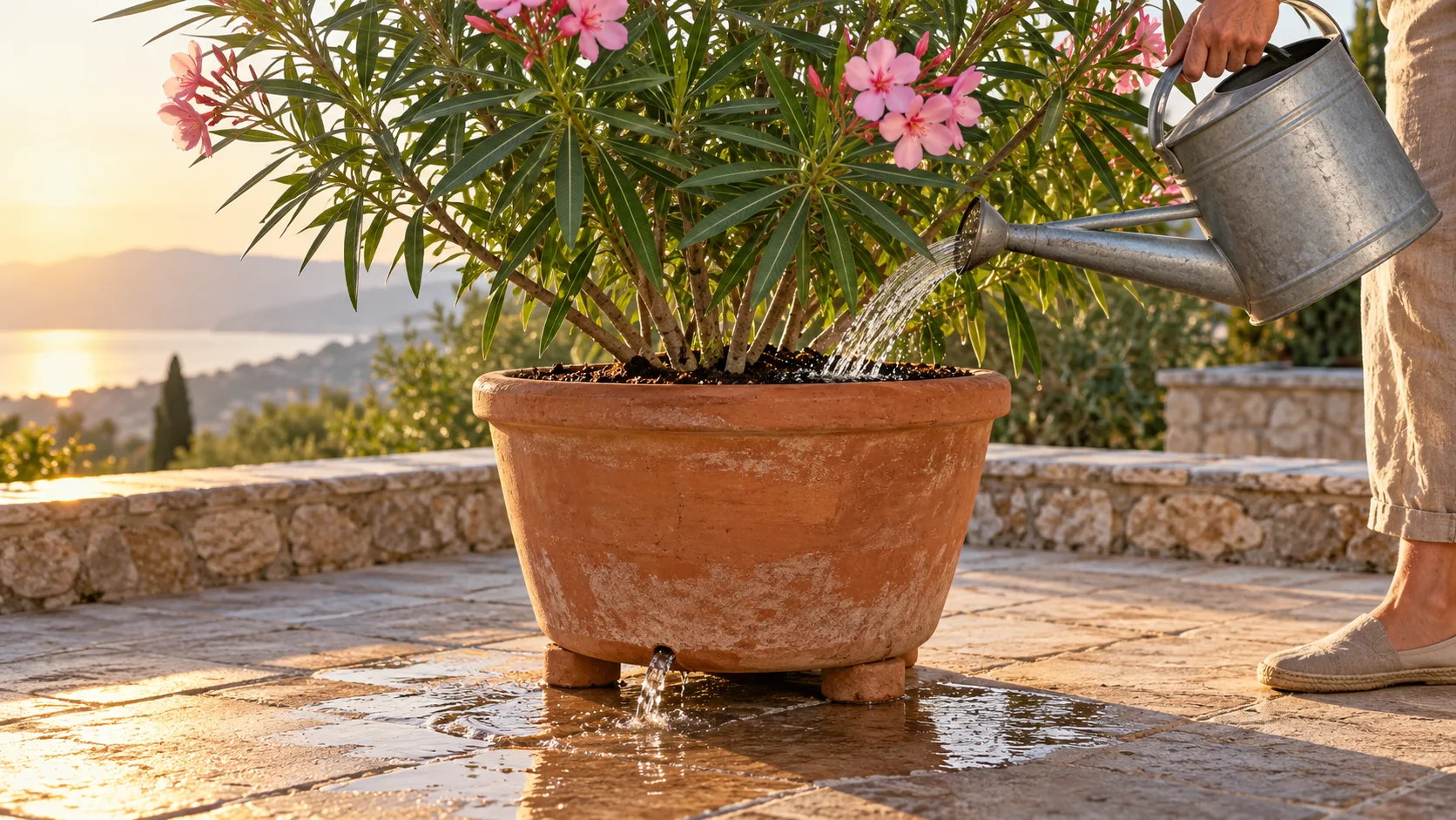 Arrosoir en zinc versant l'eau au pied d'un laurier-rose fleuri, sous le feuillage resté sec, pendant qu'un filet d'eau ressort par le trou de drainage du pot posé sur des pieds