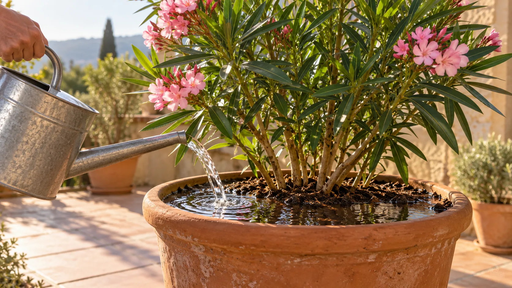 Arrosoir en métal versant un filet d'eau au pied d'un laurier-rose en fleurs, sous le feuillage, dans un grand pot en terre cuite rempli d'eau jusqu'au bord
