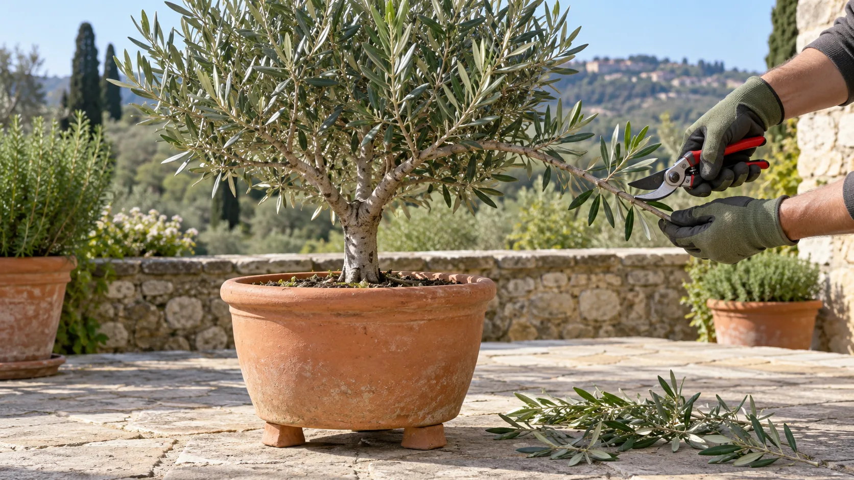 Mains gantées raccourcissant au sécateur une branche d'un jeune olivier planté dans un large pot en terre cuite posé sur trois pieds, des brindilles coupées sur le dallage