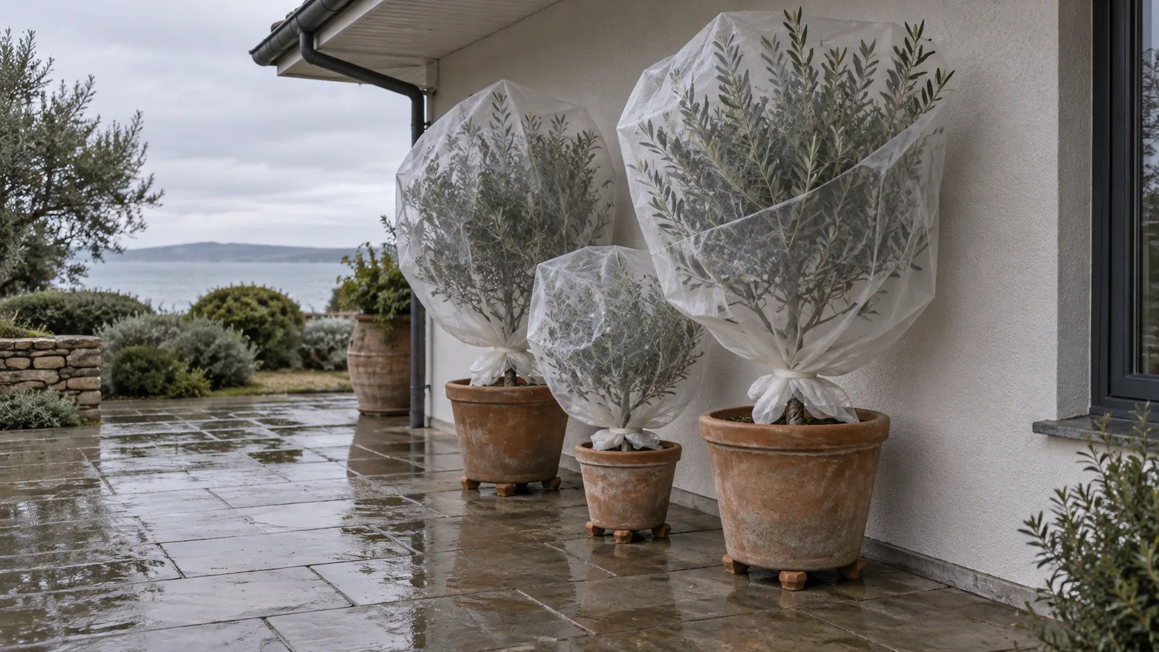 Trois oliviers en pot serrés contre le mur d'une maison, branches couvertes d'un voile blanc noué au tronc, pots posés sur des pieds au-dessus d'une terrasse mouillée