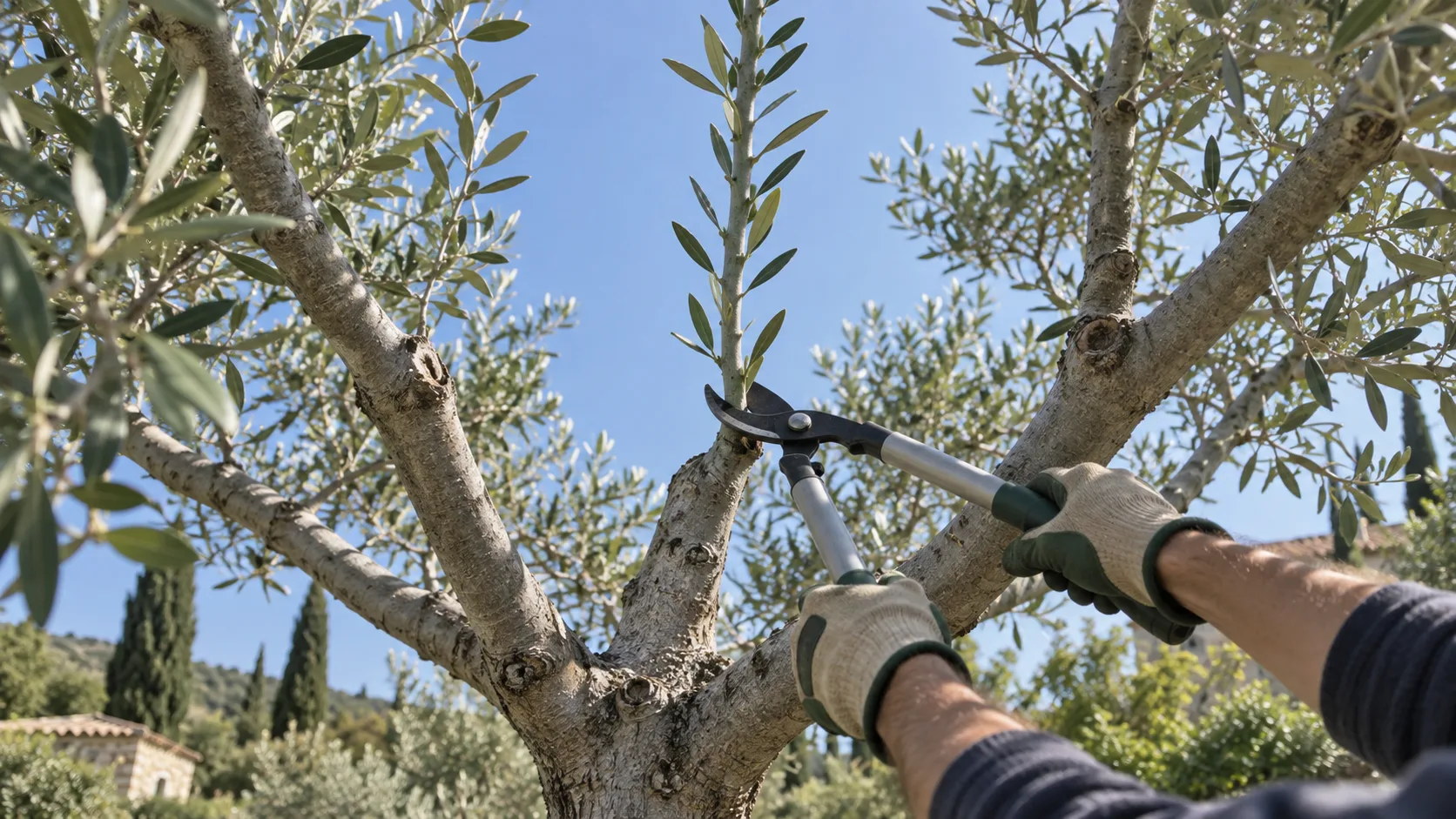 Vue en contre-plongée de mains gantées coupant au coupe-branches un long gourmand dressé au centre d'un olivier conduit sur quatre charpentières