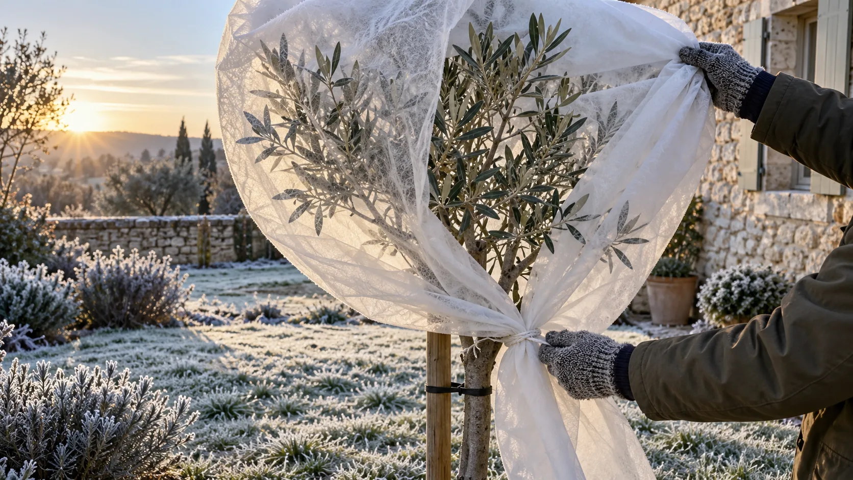 Mains gantées tirant un voile d'hivernage blanc sur la ramure d'un jeune olivier tuteuré, planté en pleine terre, et le nouant autour du tronc, par un matin de gelée blanche