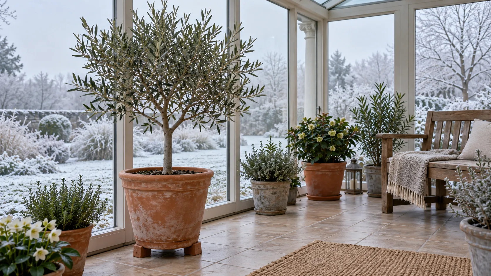 Jeune olivier en grand pot de terre cuite sur des pieds, contre la vitre d'une véranda non chauffée, jardin blanc de givre derrière les vitres