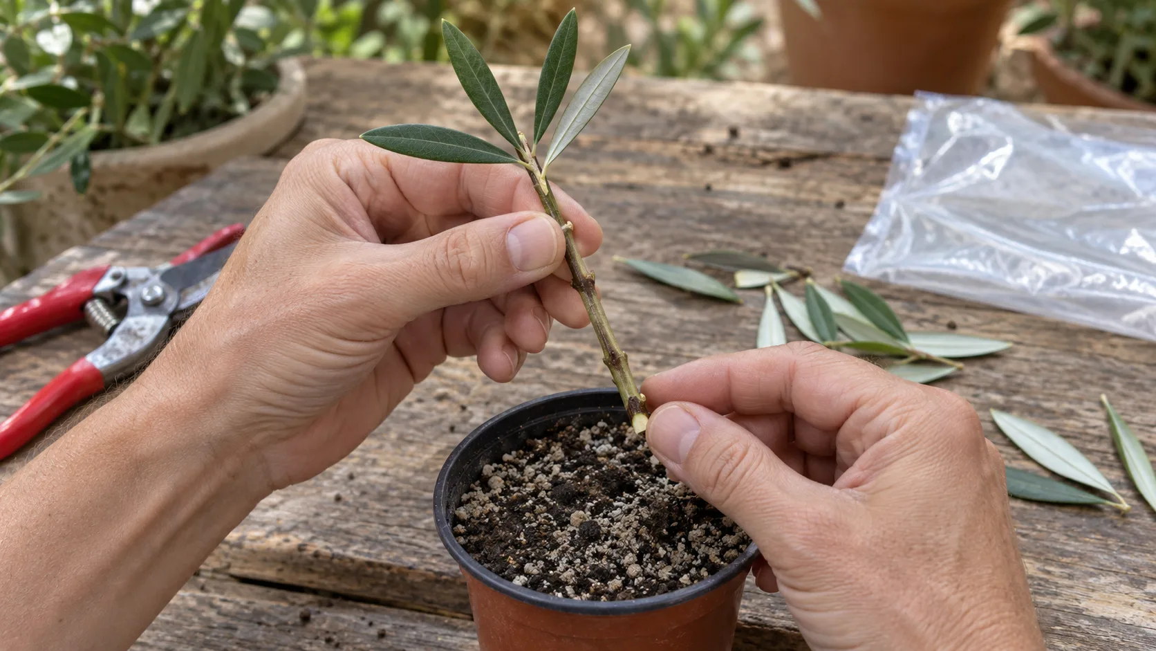 Deux mains tenant au-dessus d'un petit pot de terreau sableux une bouture d'olivier à la tige nue, coupée sous un nœud, qui ne garde que quatre feuilles au sommet, un sécateur et les feuilles retirées posés sur l'établi