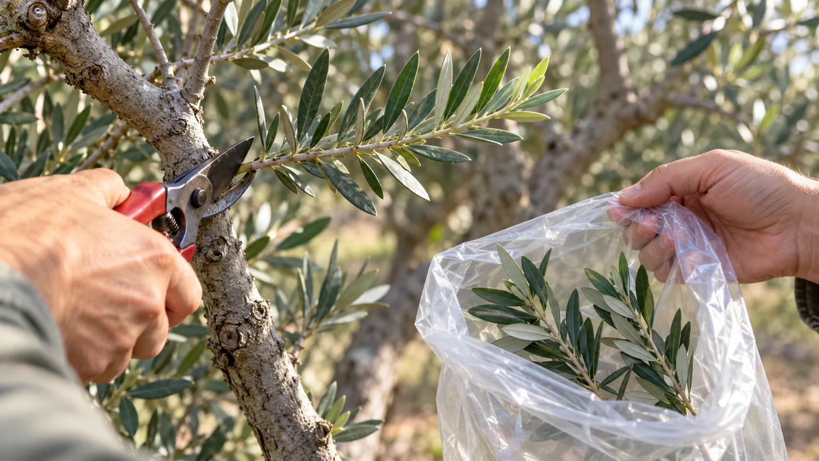 Sécateur coupant à sa base un rameau latéral d'olivier aux feuilles serrées, pendant que l'autre main tient ouvert un sac plastique où attendent deux rameaux