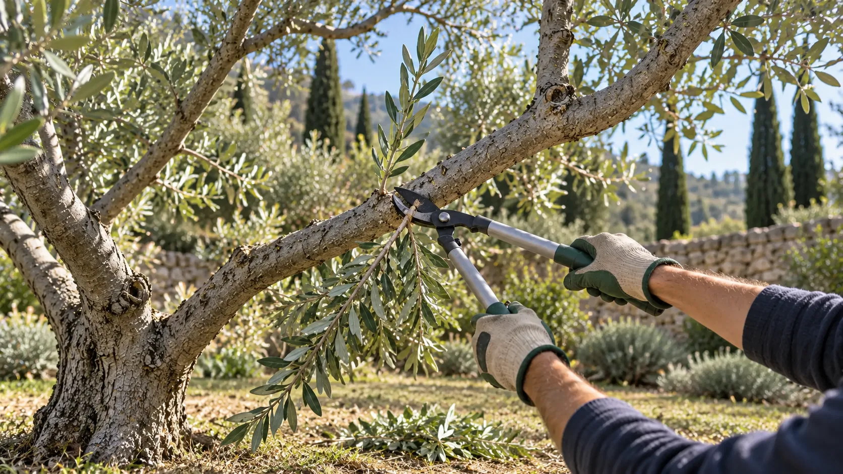 Mains gantées coupant au coupe-branches un rameau d'olivier qui pend, à son départ sur une charpentière arquée, dans un jardin de Provence bordé de cyprès