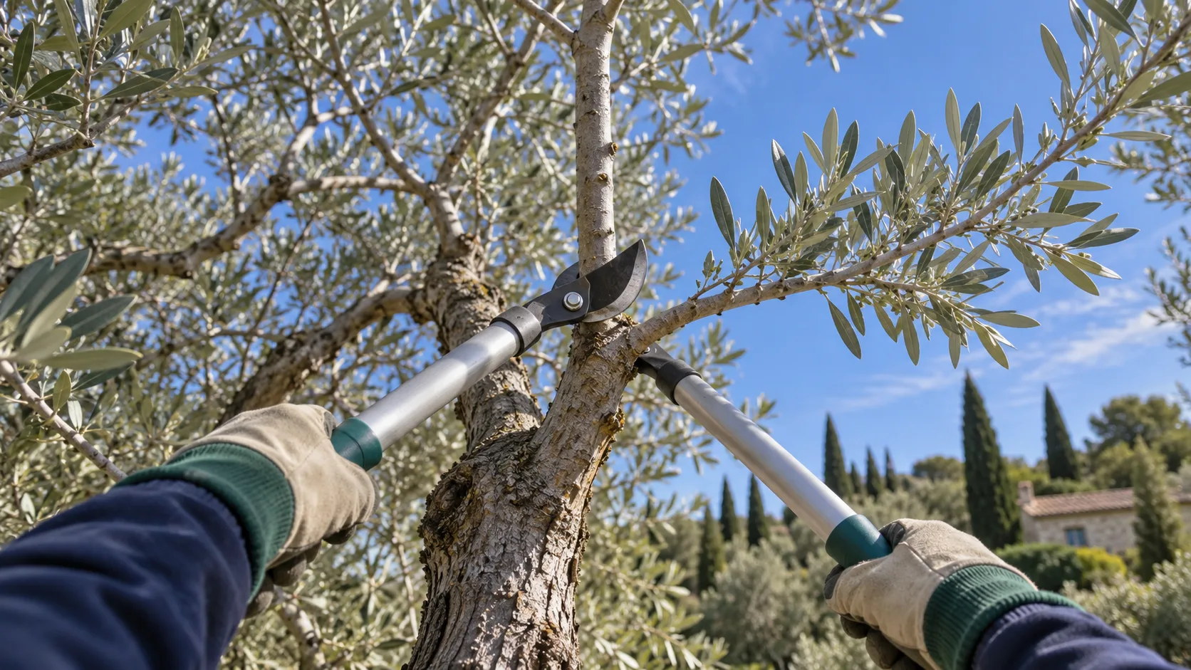 Vue en contre-plongée d'un grand olivier dont un coupe-branches à long manche tranche une haute branche verticale, juste au-dessus d'une branche latérale qui part vers l'extérieur