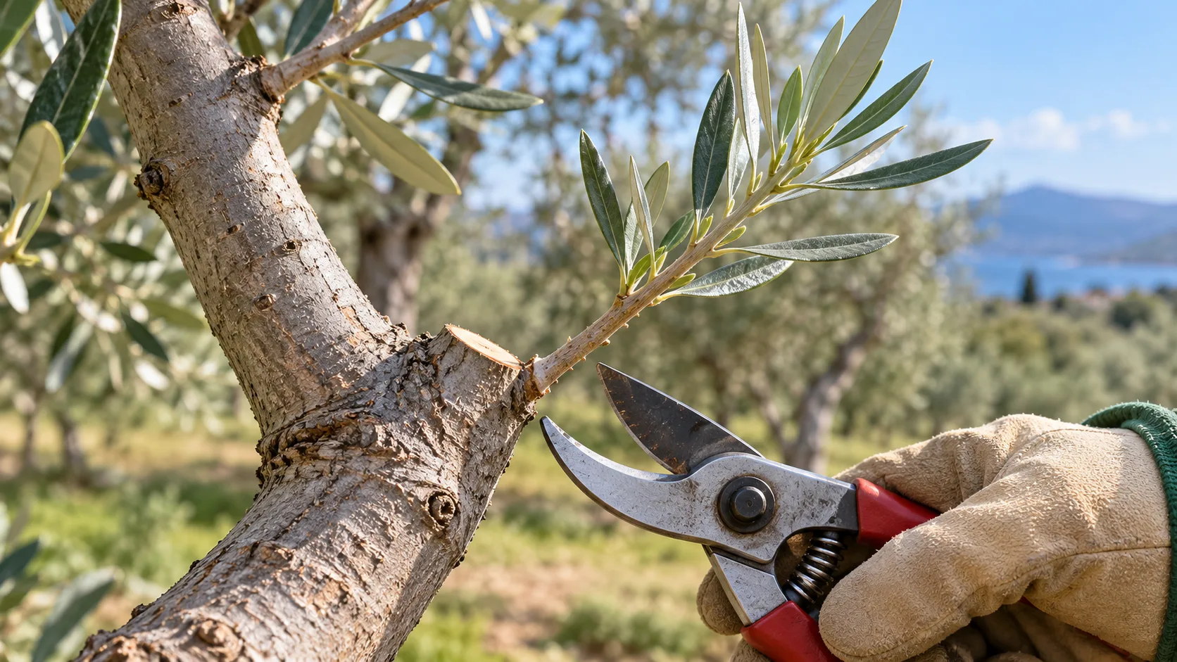 Gros plan d'une branche d'olivier à l'écorce grise coupée juste au-dessus d'une fourche, d'où part une jeune pousse aux feuilles argentées, un sécateur ouvert tenu par une main gantée à côté