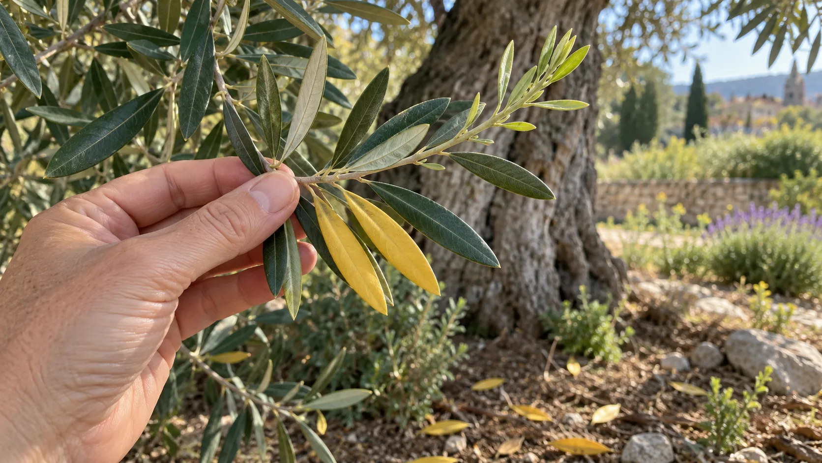 Une main tient un rameau d'olivier dont deux vieilles feuilles, à la base, sont d'un jaune uniforme sans tache, pendant que le bout porte une pousse neuve vert tendre ; quelques feuilles jaunes tombées au sol