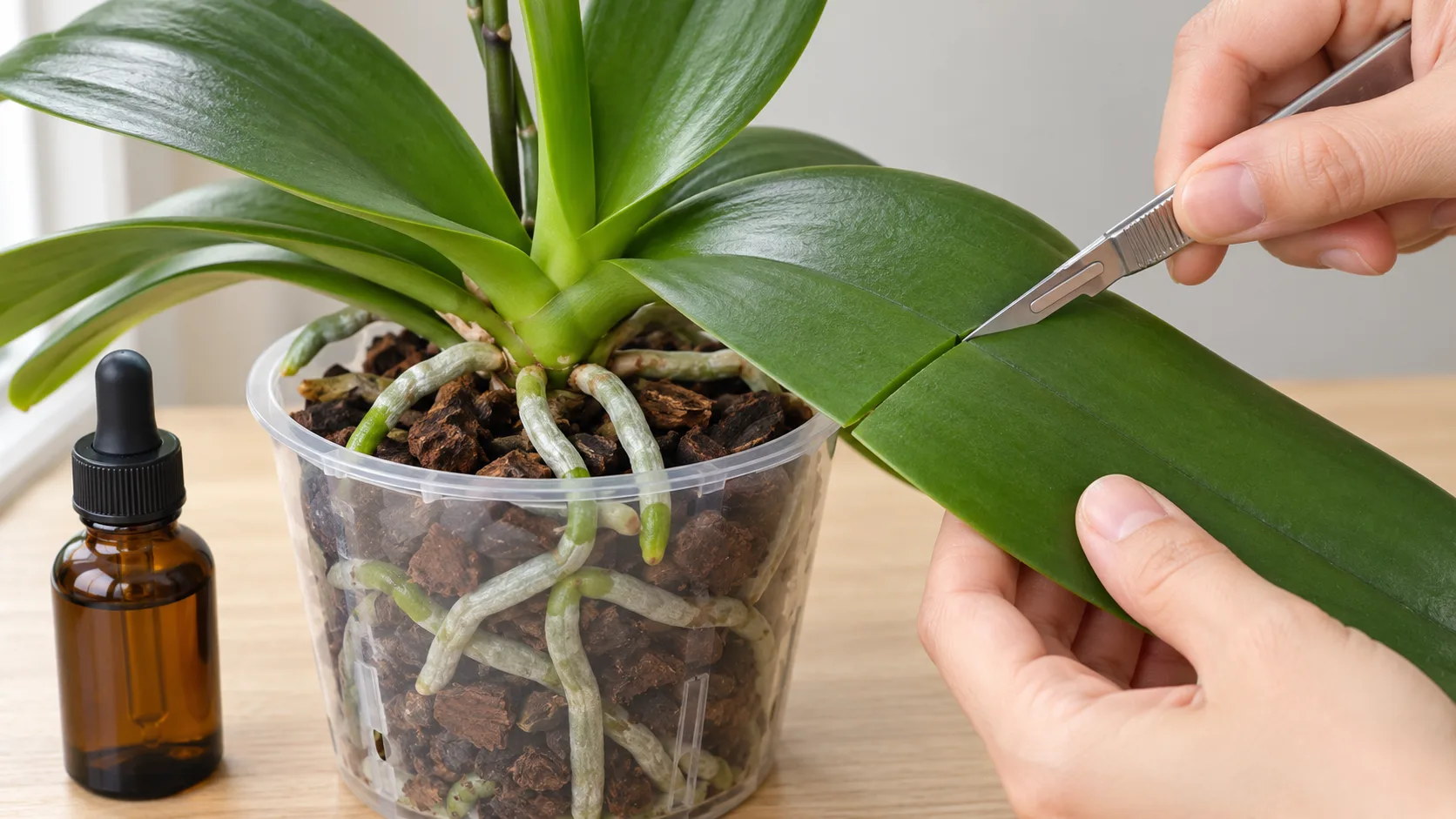 Une main coupe au scalpel une feuille d'orchidée papillon en travers, dans le tissu vert et ferme, pendant que l'autre tient la feuille ; un petit flacon brun attend à côté du pot transparent