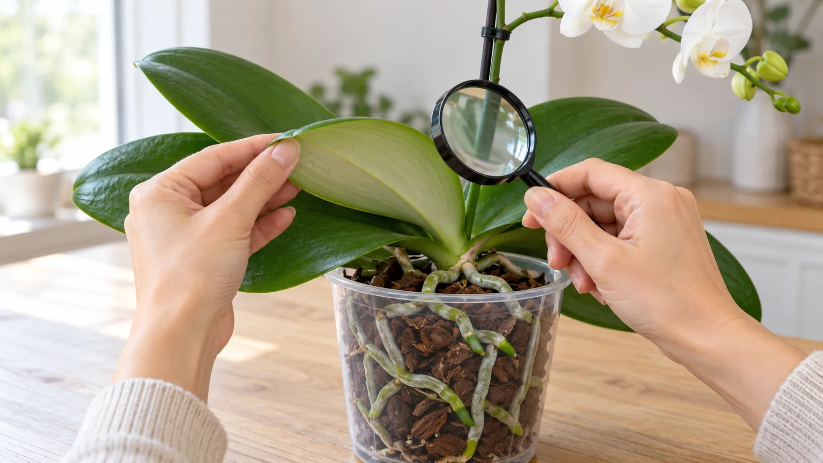 Deux mains retournent une feuille basse d'orchidée papillon pour en examiner le revers à la loupe, au-dessus d'un pot transparent aux racines argentées