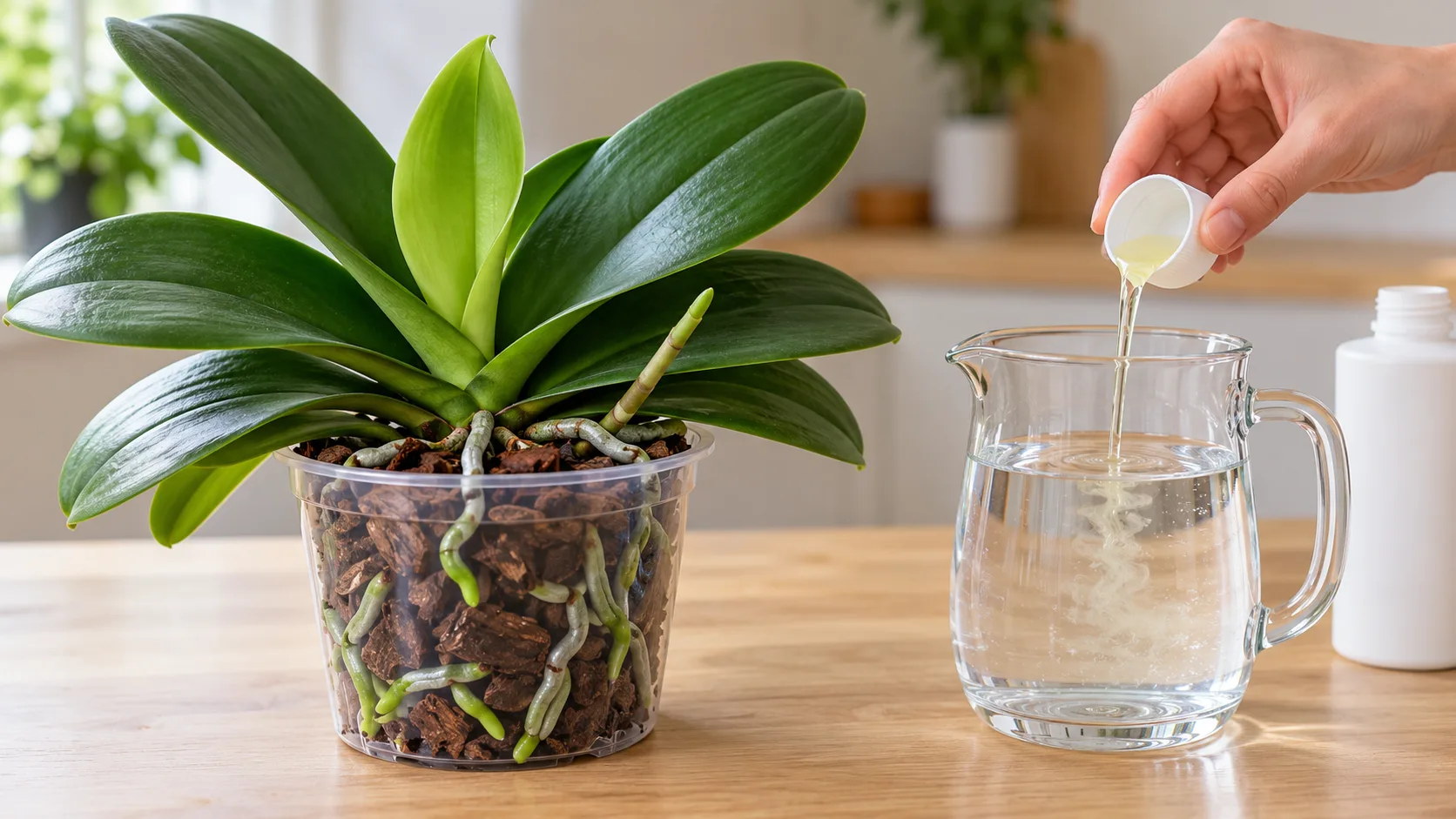 Orchidée papillon en pot transparent avec une jeune feuille vert pâle au centre, des pointes de racines vert vif et une courte hampe naissante ; à côté, une main verse un bouchon d'engrais liquide dans une carafe d'eau