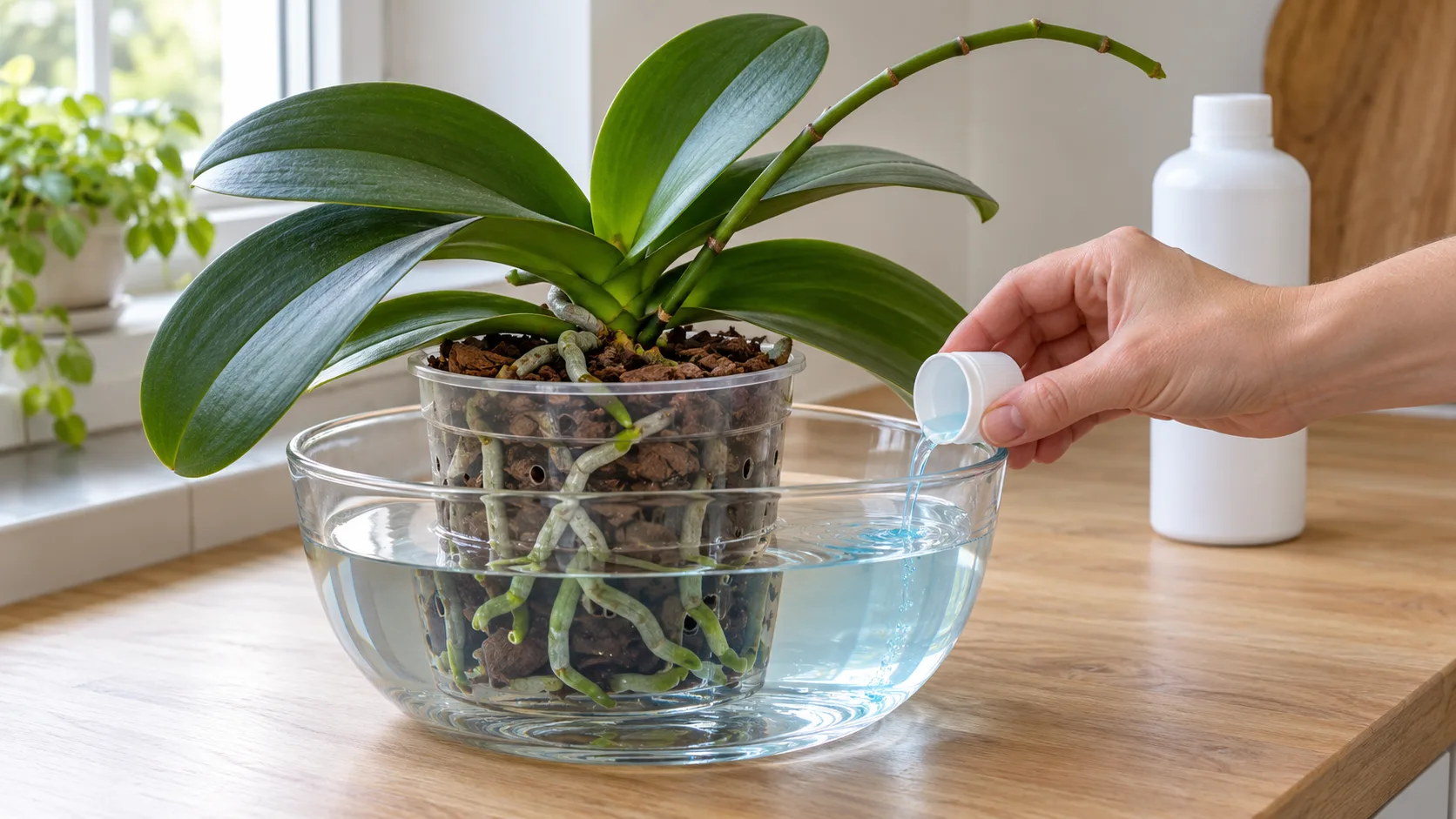 Une main verse un bouchon d'engrais liquide dans la bassine où trempe le pot transparent d'une orchidée papillon, à côté du pot et loin des feuilles ; l'eau du bain se teinte à peine de bleu