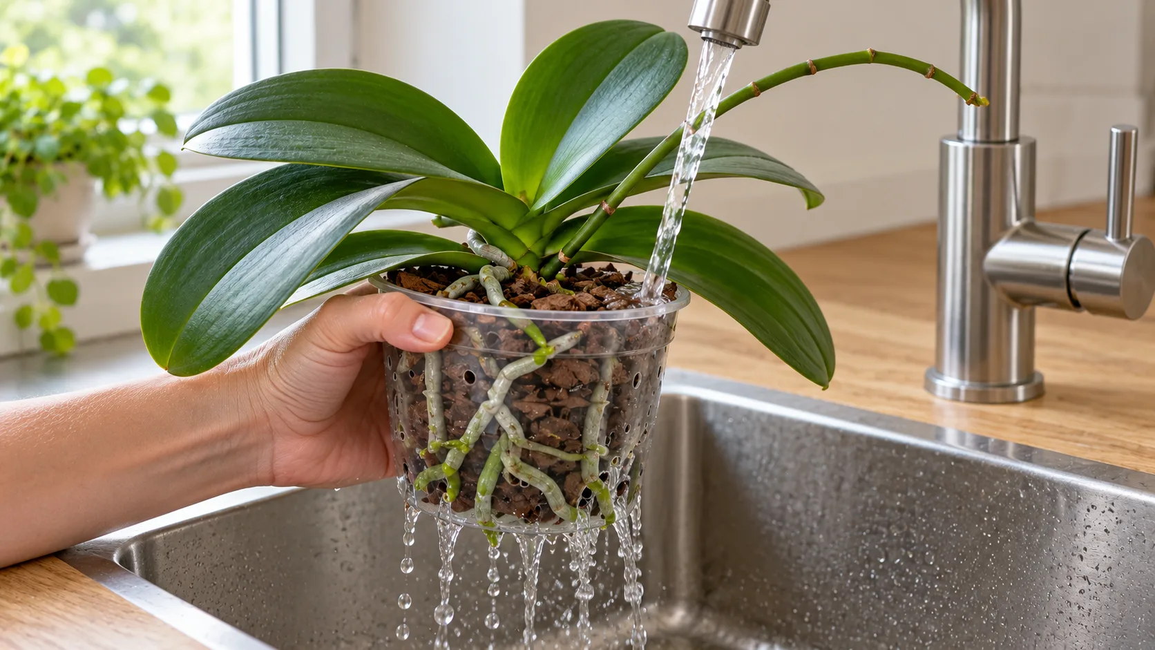 Pot transparent d'une orchidée papillon tenu sous le robinet d'un évier : l'eau claire tombe sur l'écorce, traverse le pot et ressort en filets par les trous du fond
