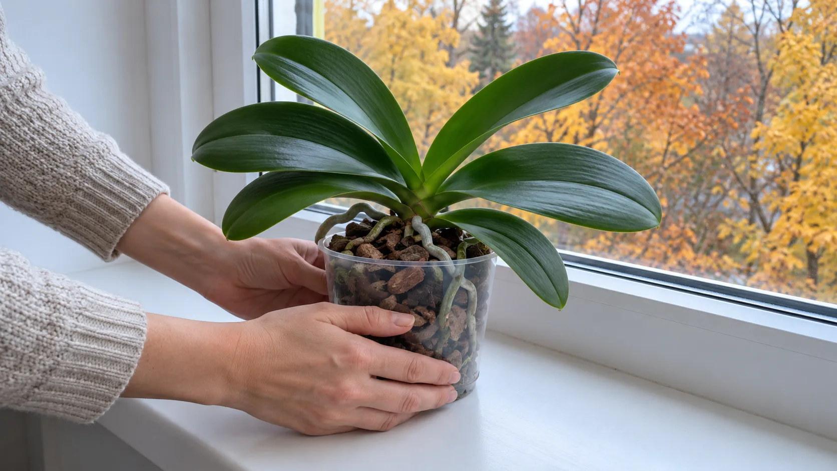 Deux mains posent une orchidée papillon sans fleurs, en pot transparent d'écorce, sur le rebord clair d'une fenêtre fermée, devant des arbres aux feuilles d'automne jaunes et orange