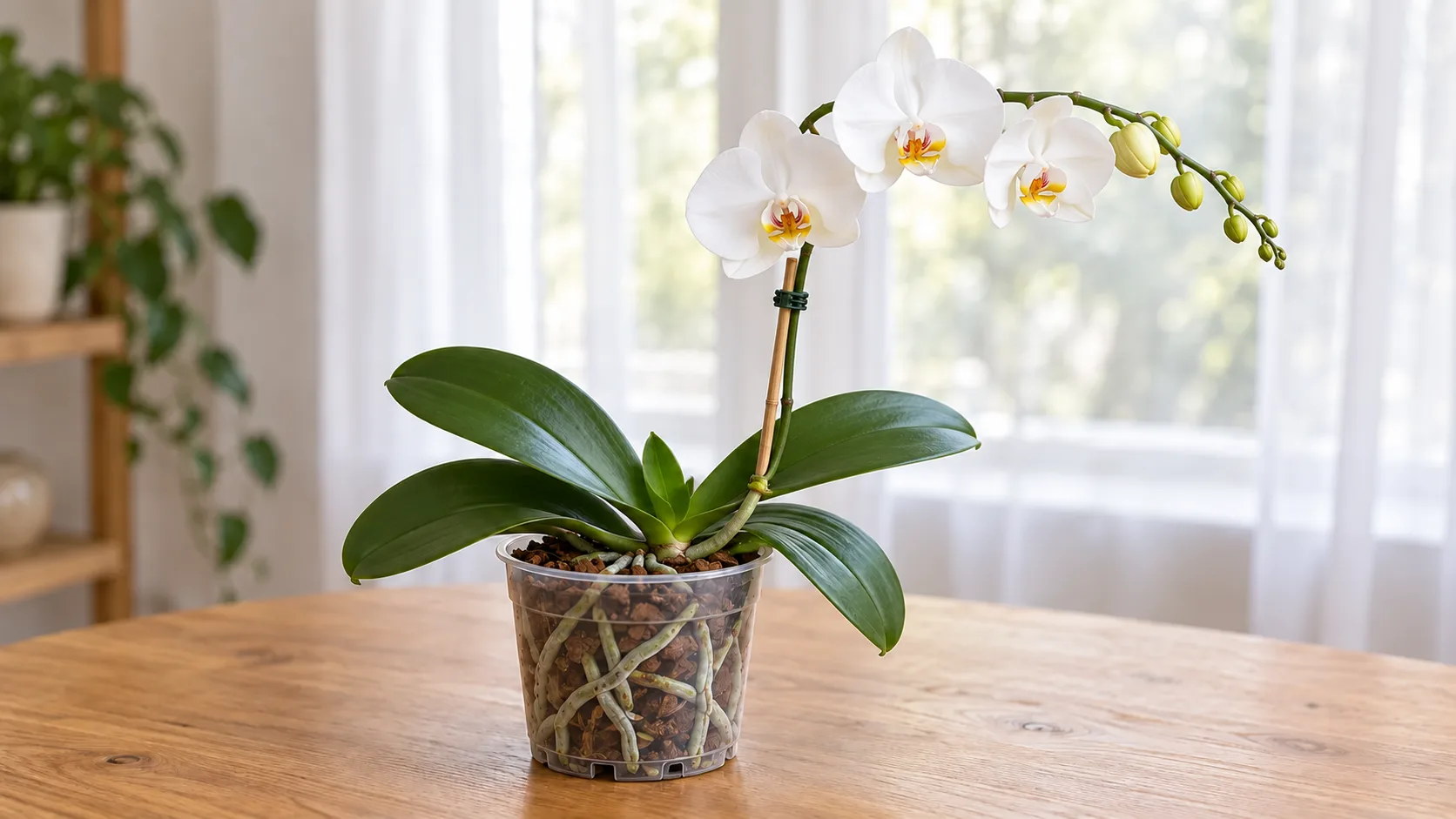 Orchidée papillon en pot transparent devant une fenêtre voilée : une hampe tuteurée partie de la base de la plante porte trois fleurs blanches ouvertes et des boutons verts à son extrémité