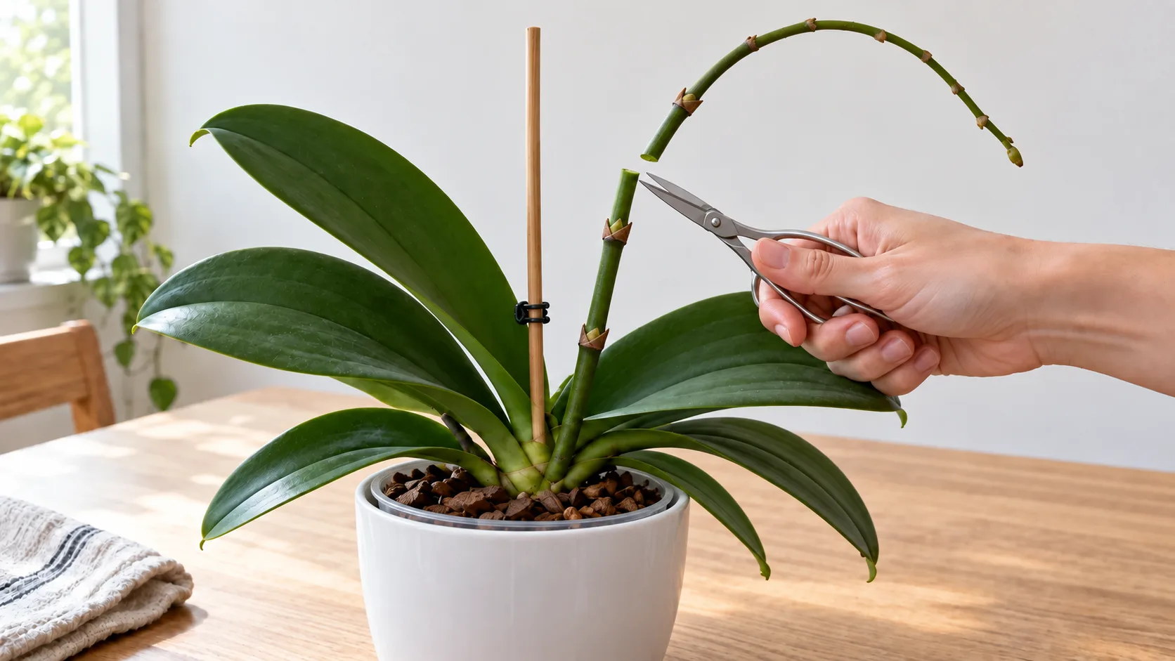 Ciseaux coupant la hampe verte d'une orchidée papillon défleurie juste au-dessus d'un nœud couvert d'une petite écaille brune