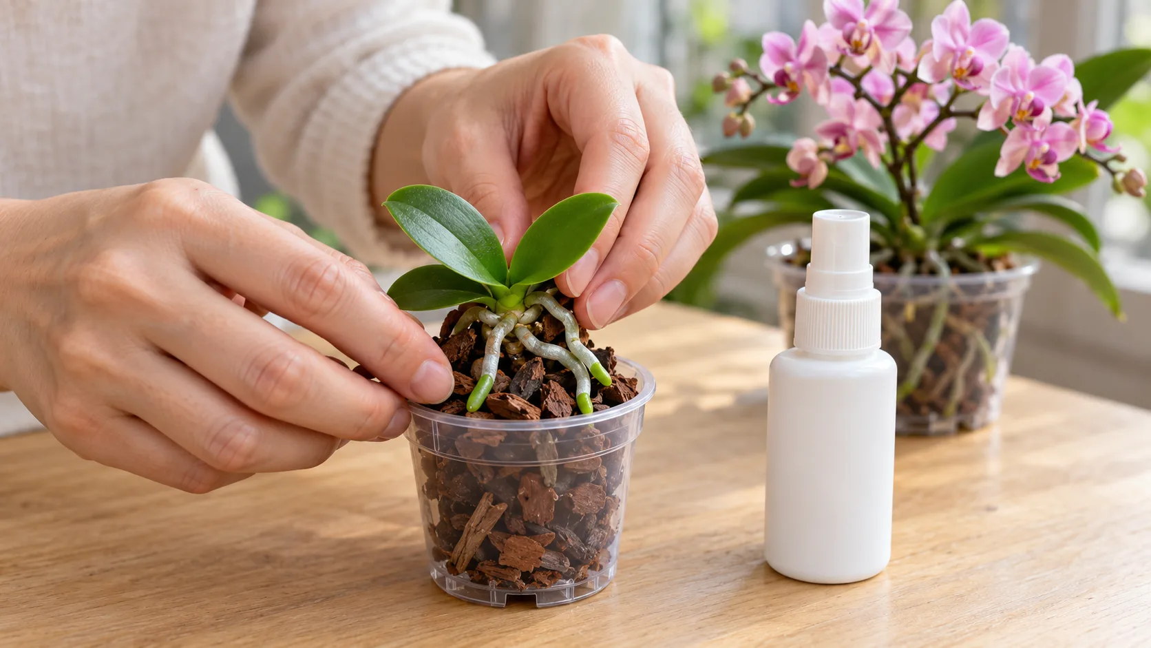 Deux mains installent un keiki à trois petites feuilles et racines argentées à pointe verte dans un godet transparent d'écorce fine, à côté d'un brumisateur blanc ; derrière, une mini orchidée à fleurs roses