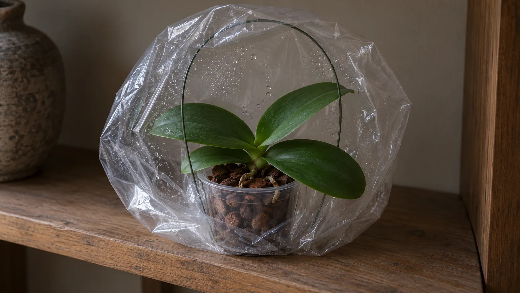 Petite orchidée papillon presque sans racines, dans un petit pot transparent d'écorce, coiffée d'un sac plastique transparent tenu au-dessus des feuilles par une boucle de fil de fer, sur une étagère à l'ombre