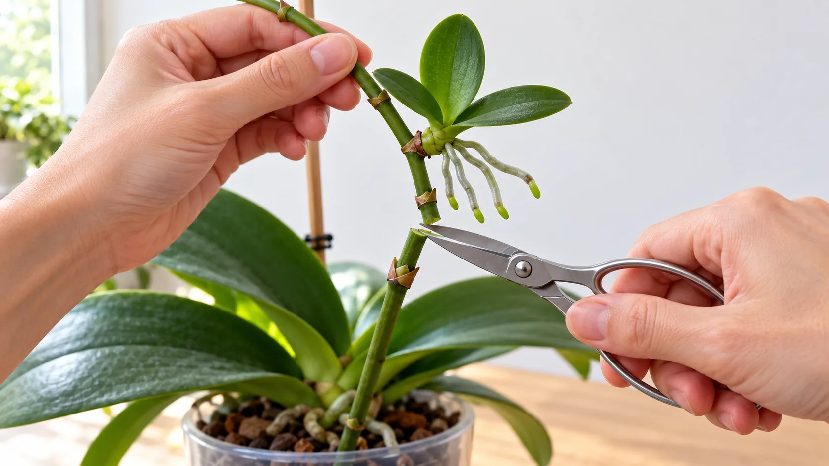 Une main coupe aux ciseaux la hampe d'une orchidée papillon juste sous un keiki à trois feuilles et racines argentées à pointe verte, que l'autre main tient par la tige