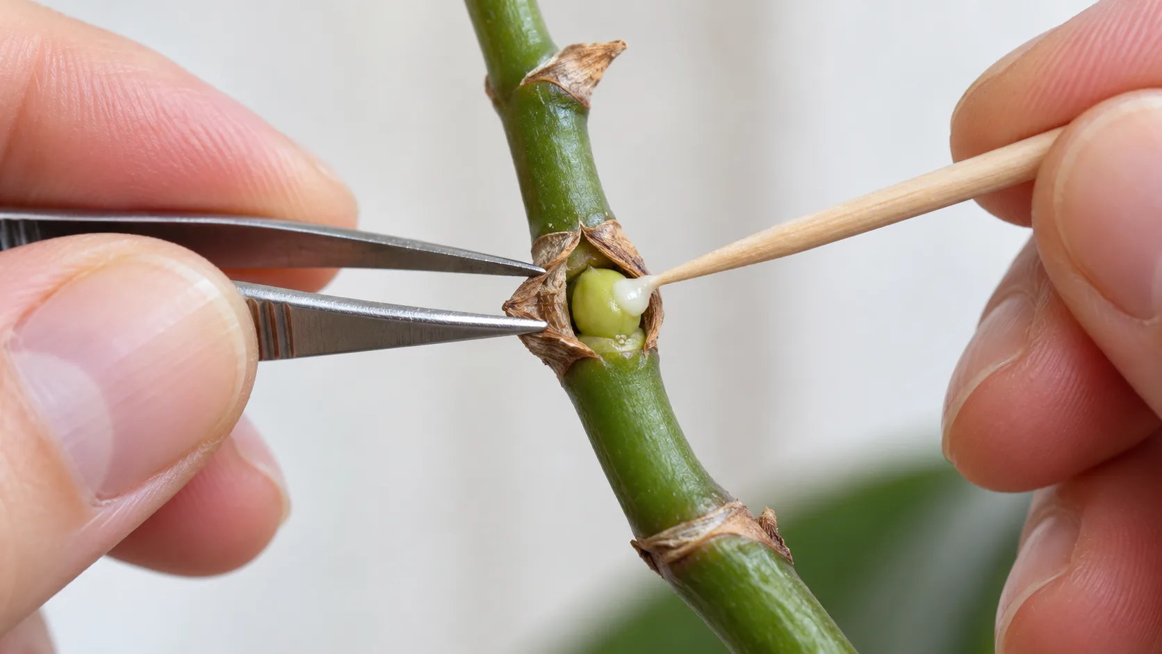 Gros plan d'une hampe verte d'orchidée : des pinces écartent les deux moitiés de l'écaille brune d'un nœud, et la pointe d'un cure-dent dépose une goutte de pâte blanche sur le bourgeon vert mis à nu