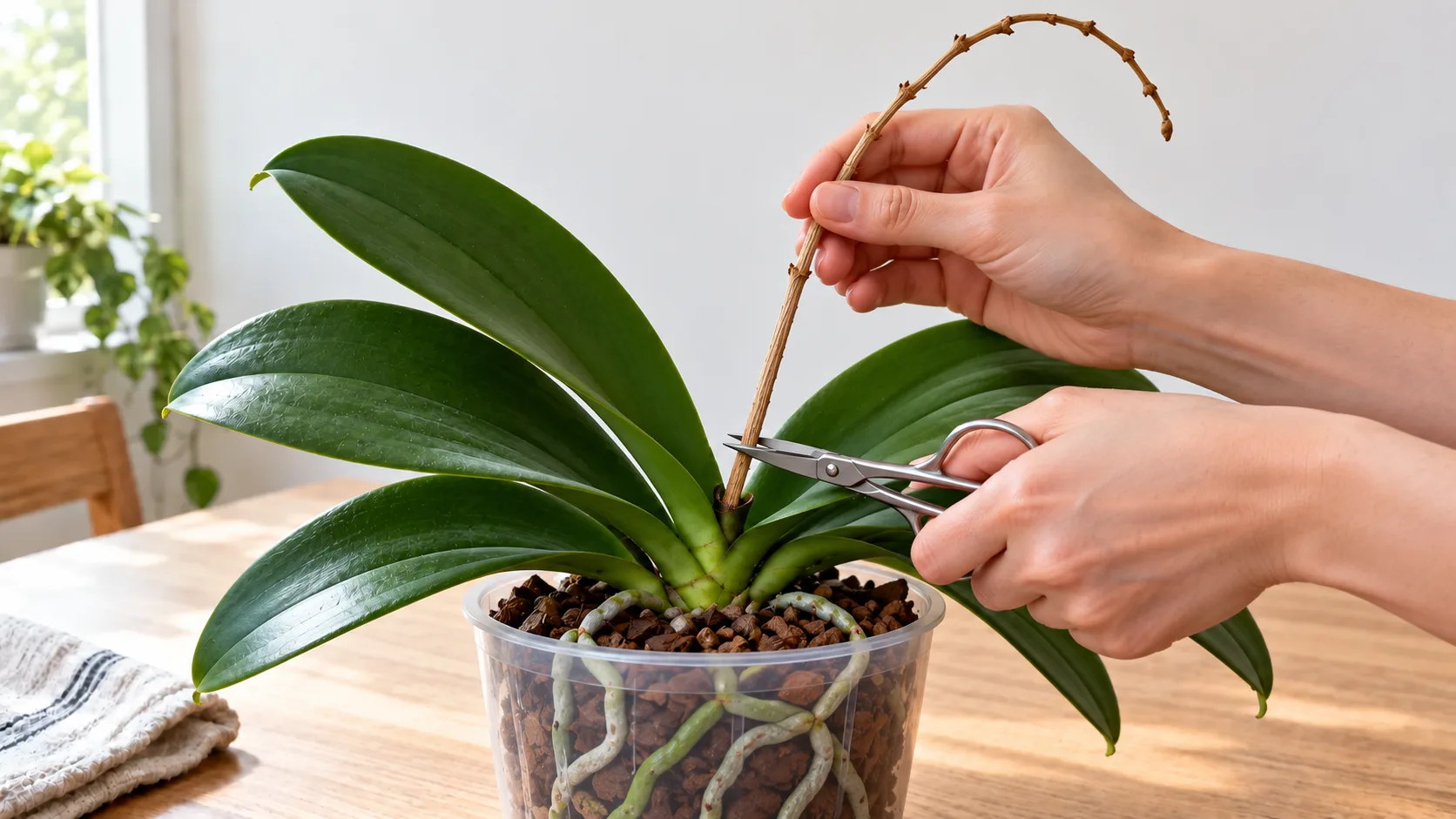 Une main coupe aux ciseaux, juste au-dessus des feuilles, la hampe brune et desséchée d'une orchidée papillon, que l'autre main tient par le haut