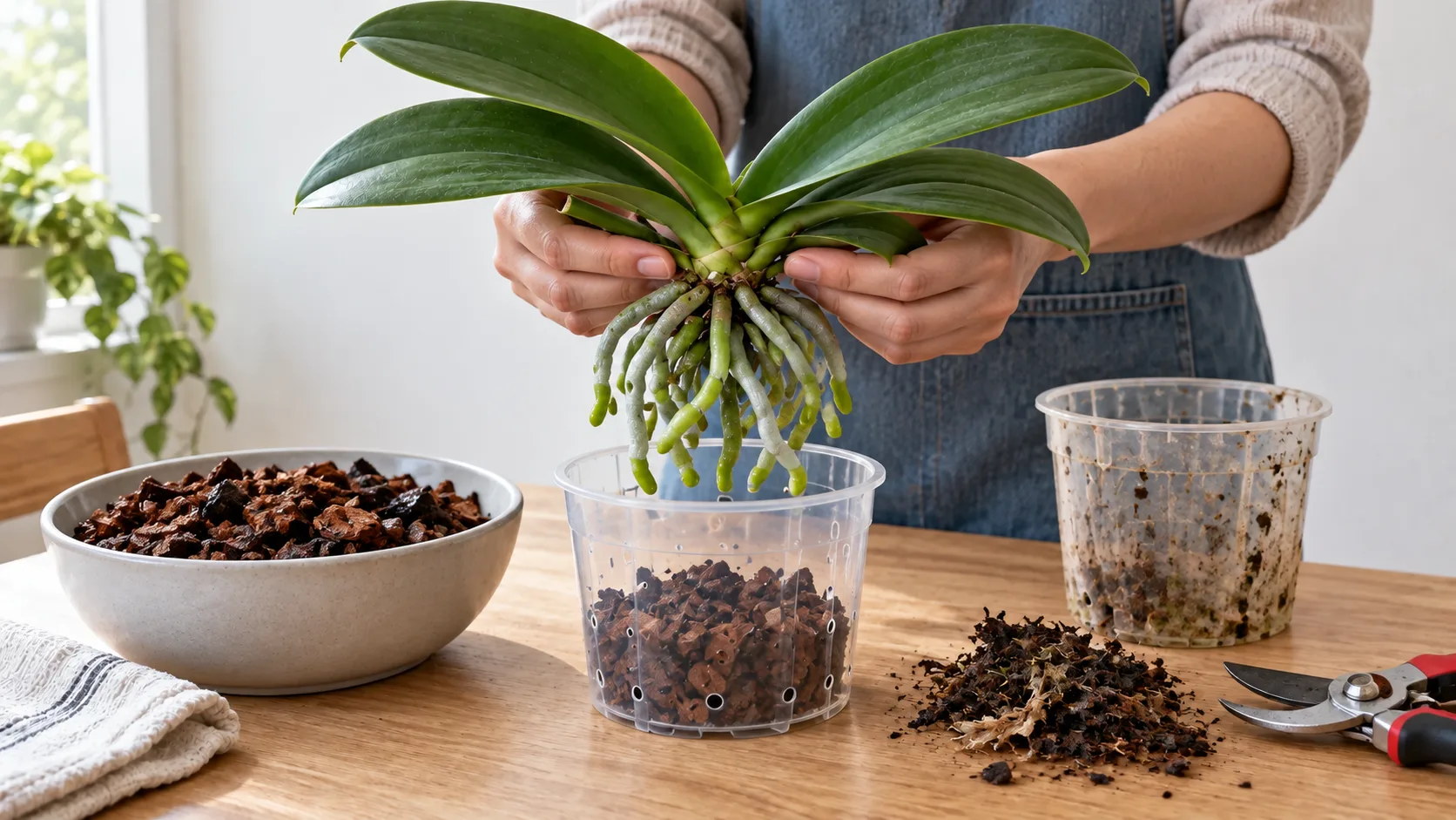Orchidée papillon sortie de son pot, racines nettoyées, tenue au-dessus d'un pot transparent à demi rempli d'écorce de pin