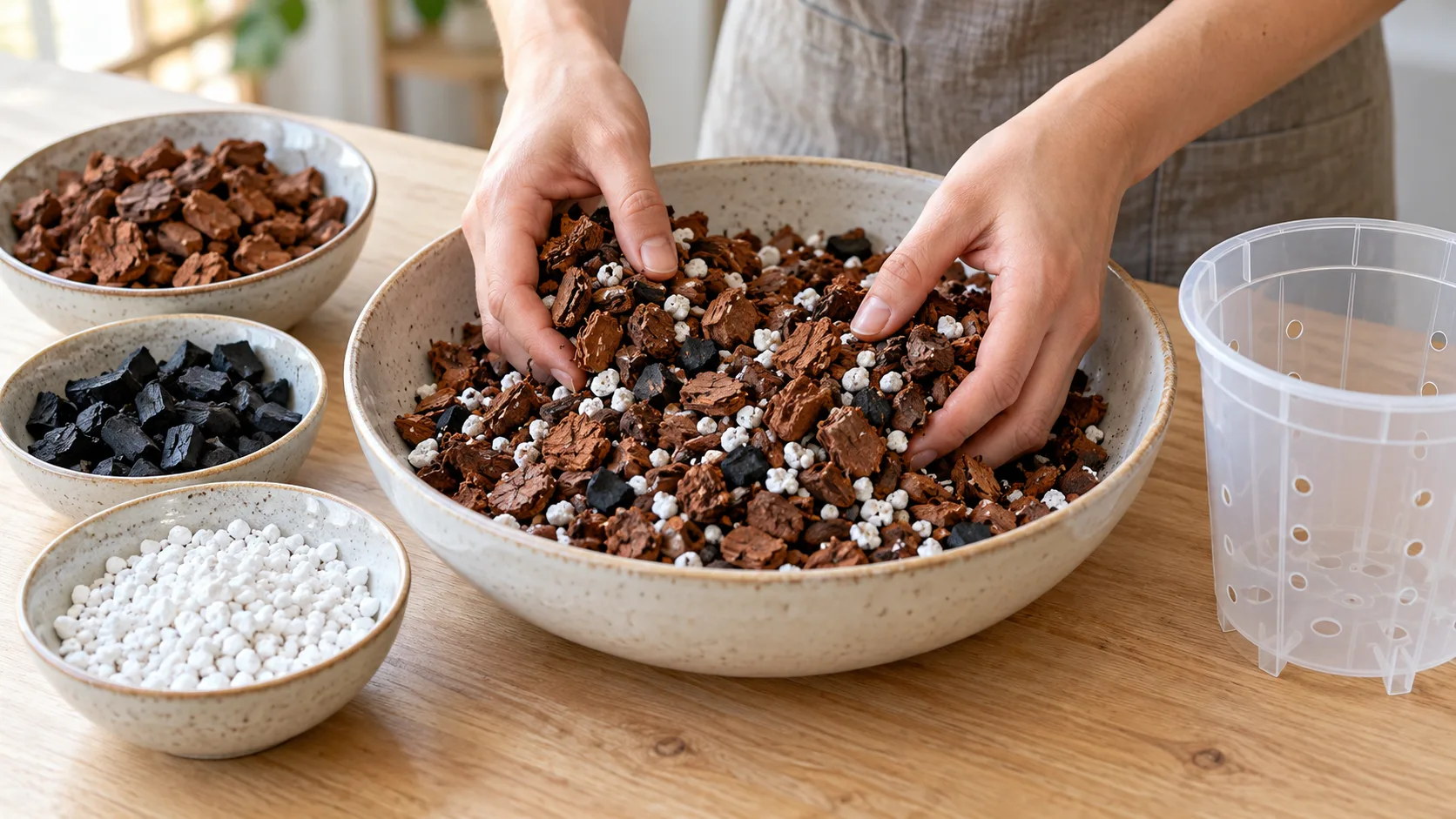 Deux mains mélangent dans un grand bol des morceaux d'écorce de pin brun rouge, quelques éclats de charbon noir et des grains de perlite blanche, à côté de trois coupelles d'ingrédients et d'un pot transparent percé