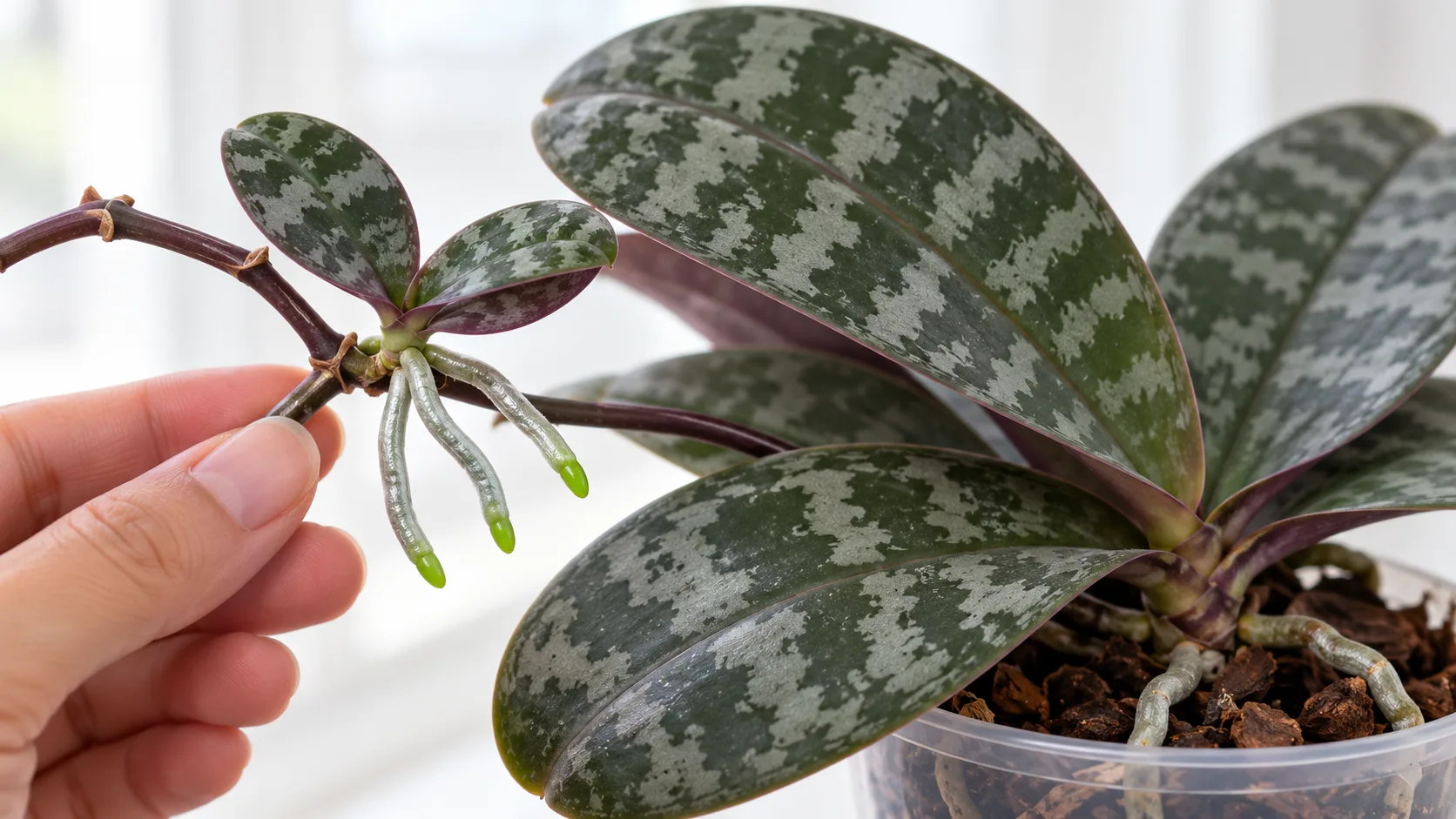 Une main tient la hampe brun violacé d'une orchidée aux feuilles marbrées d'argent : sur un nœud pousse un keiki à trois petites feuilles marbrées, revers pourpre, et racines argentées à pointe verte ; la plante mère est floue à l'arrière-plan