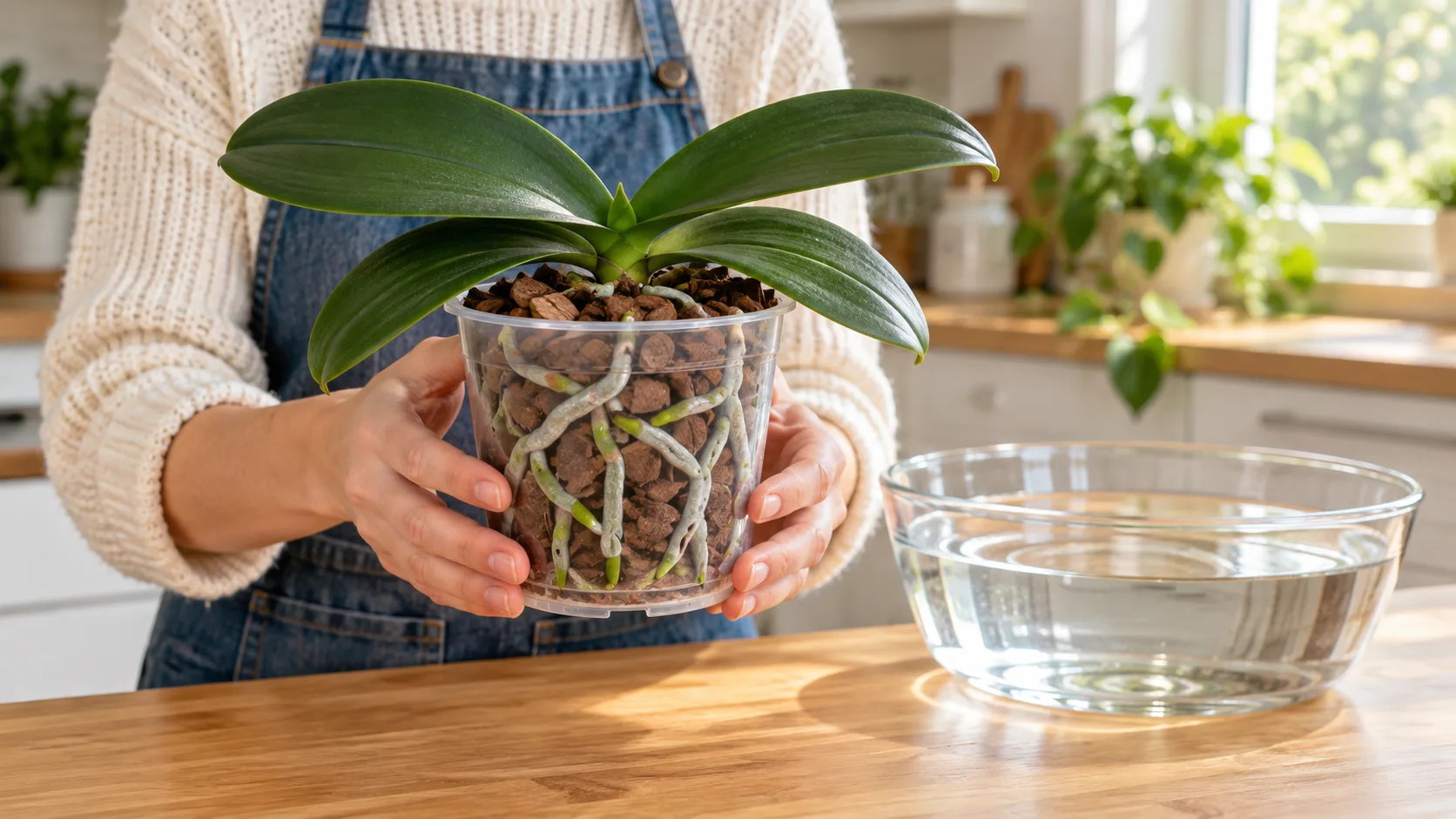 Deux mains lèvent le pot transparent d'une orchidée papillon pour regarder ses racines, gris argenté à pointe verte, devant une bassine d'eau posée sur le plan de travail