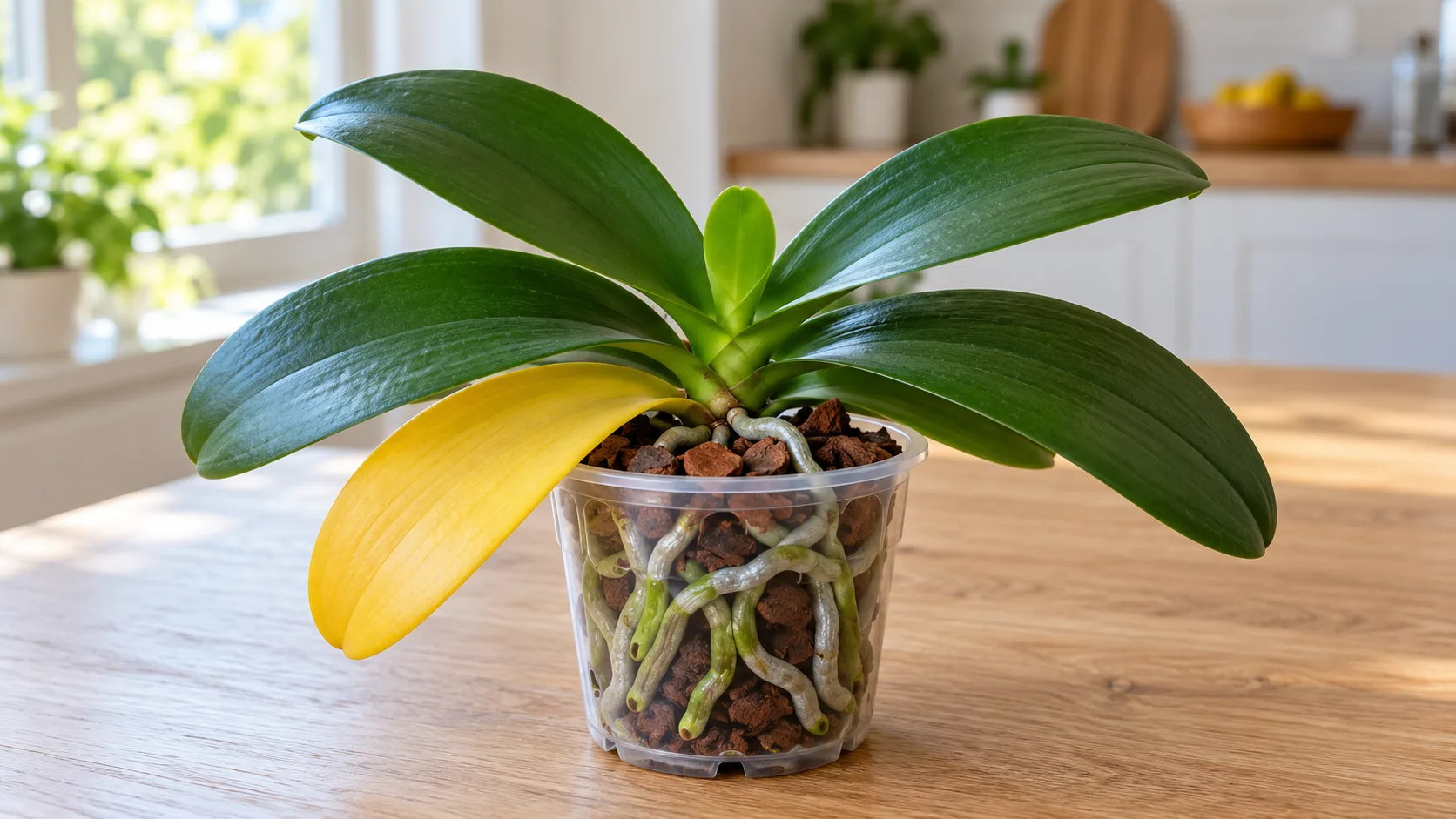 Orchidée papillon en pot transparent sur une table : sa feuille la plus basse est d'un jaune franc et uniforme, les autres restent vert sombre et une petite feuille neuve pointe au centre