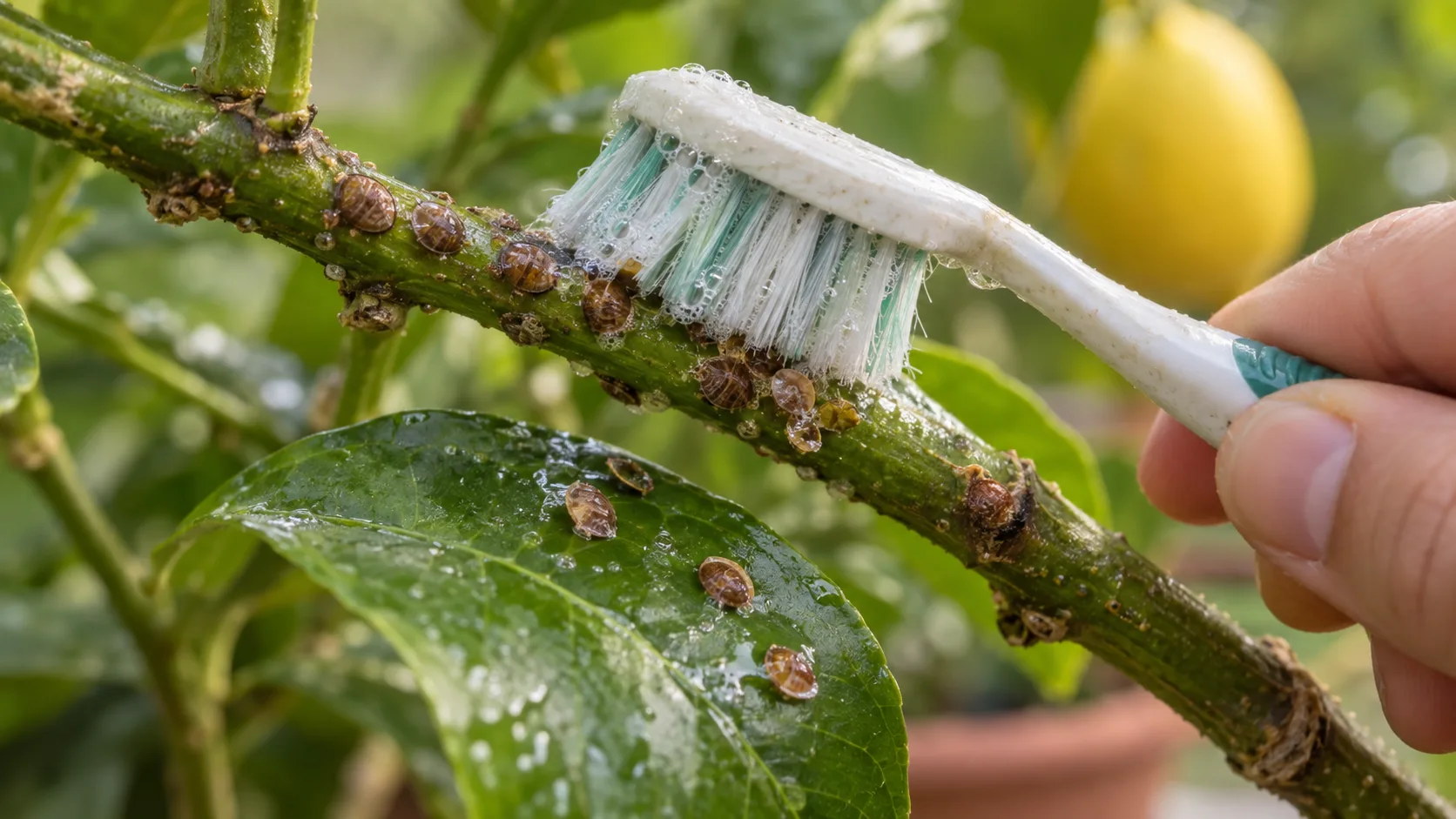 Brosse à dents souple frottant des coques brunes bombées le long d'une tige verte, au-dessus d'une feuille de citronnier