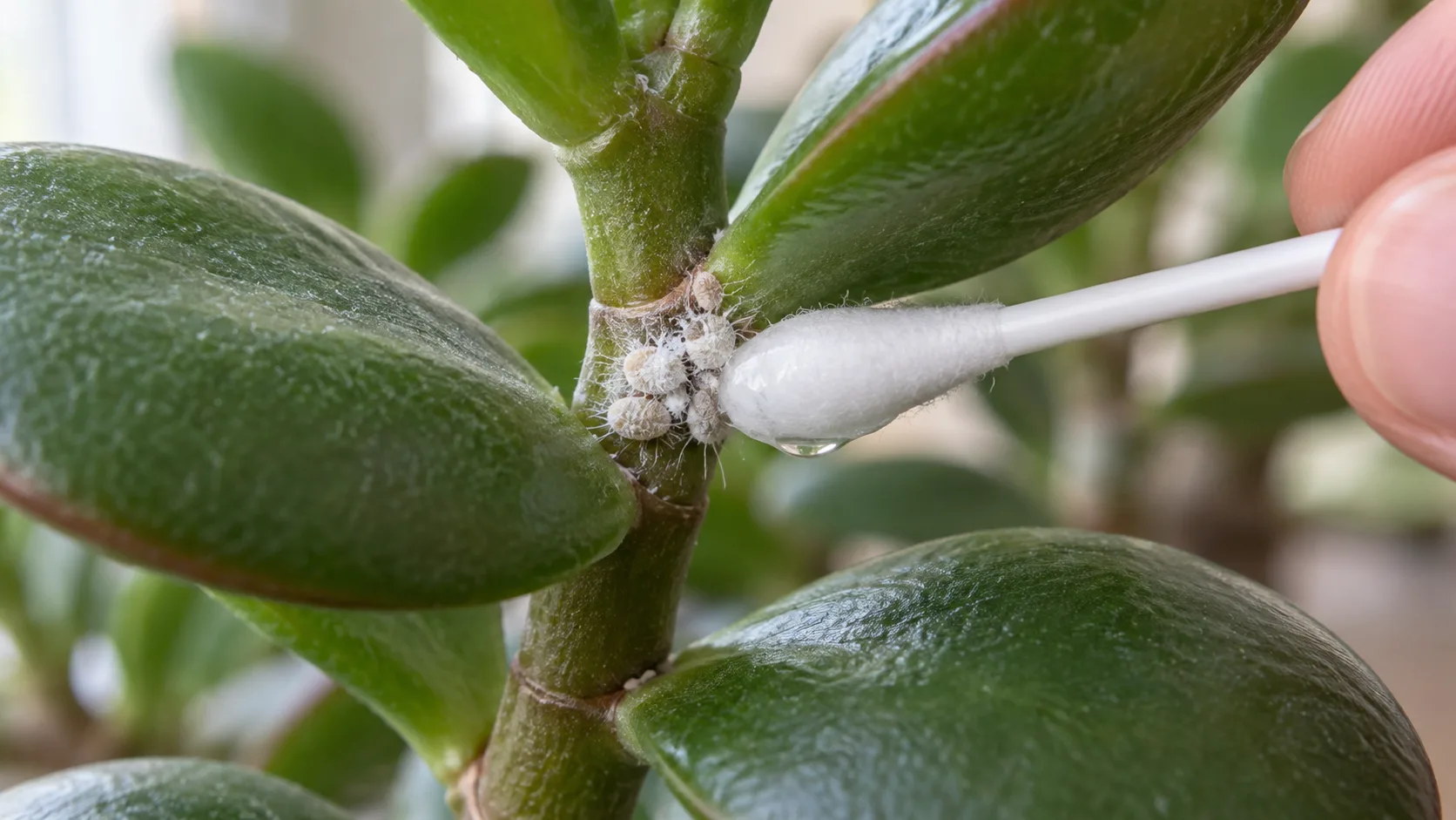 Coton-tige imbibé d'alcool appliqué sur un amas blanc cotonneux de cochenilles farineuses, à l'aisselle d'une feuille charnue d'arbre de jade
