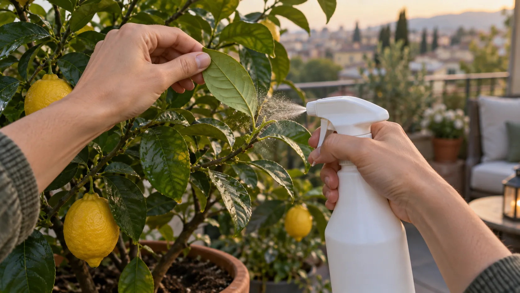 Main retournant une feuille de citronnier en pot pour pulvériser le revers, dans la lumière douce du soir