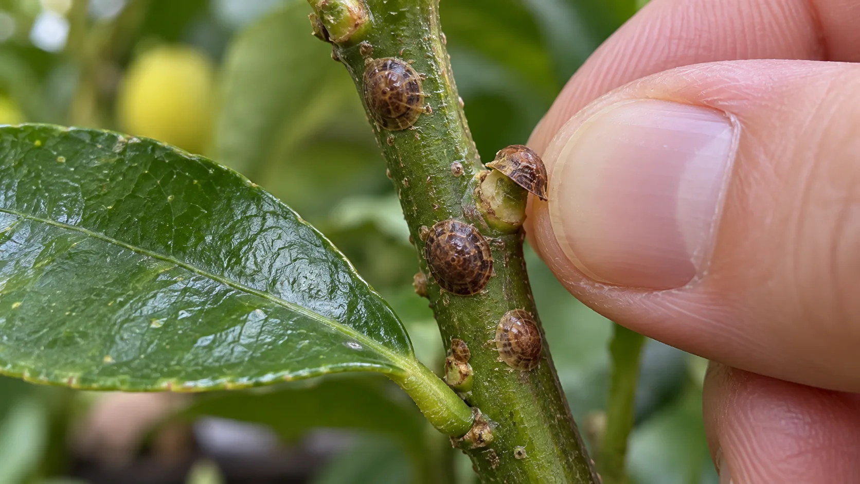 Ongle du pouce soulevant une petite coque brune sur une tige de citronnier, découvrant un corps pâle resté collé dessous