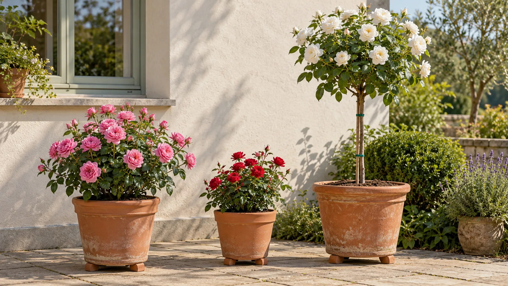 Sur une terrasse ensoleillée, trois rosiers en pots de terre cuite profonds posés sur de petites cales : un rosier de patio à fleurs roses, un rosier miniature à fleurs rouges et un demi-tige à tête ronde de fleurs blanches, tuteuré
