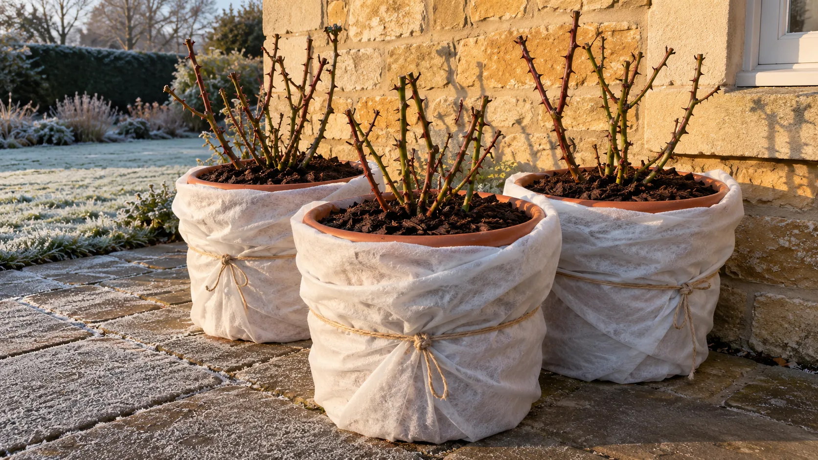 Trois rosiers taillés et sans feuilles dans des pots de terre cuite emmaillotés de voile blanc ficelé, regroupés contre le mur de pierre ensoleillé d'une maison un matin de gelée
