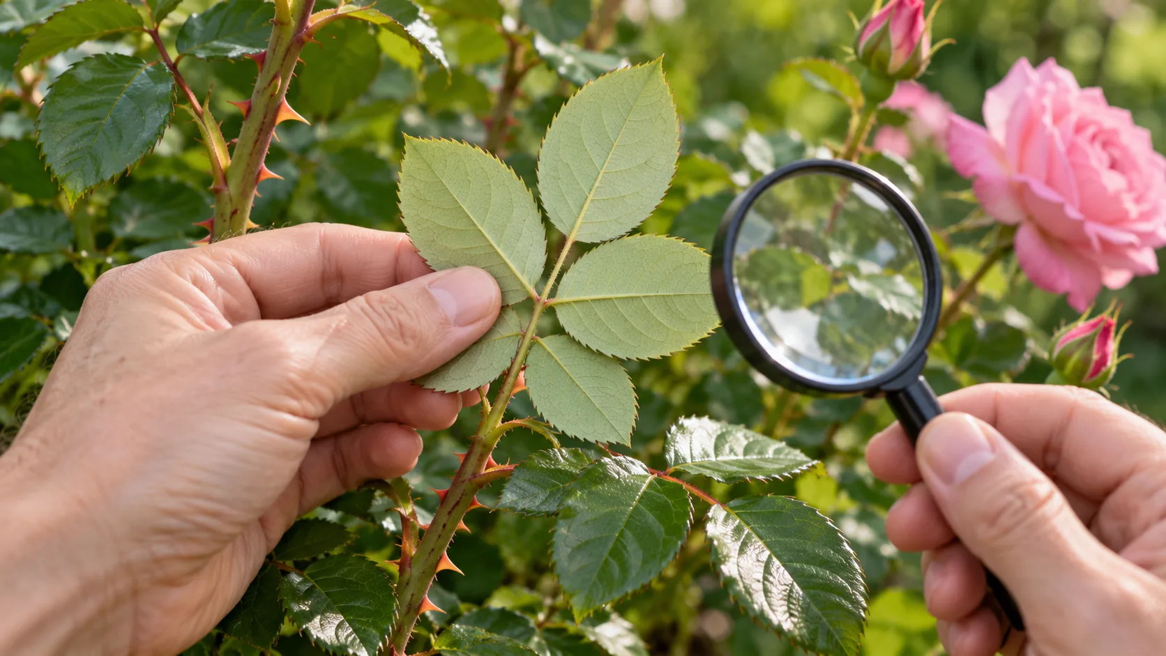 Une main retourne une feuille de rosier pour en examiner le revers pâle à la loupe, une fleur rose épanouie en arrière-plan
