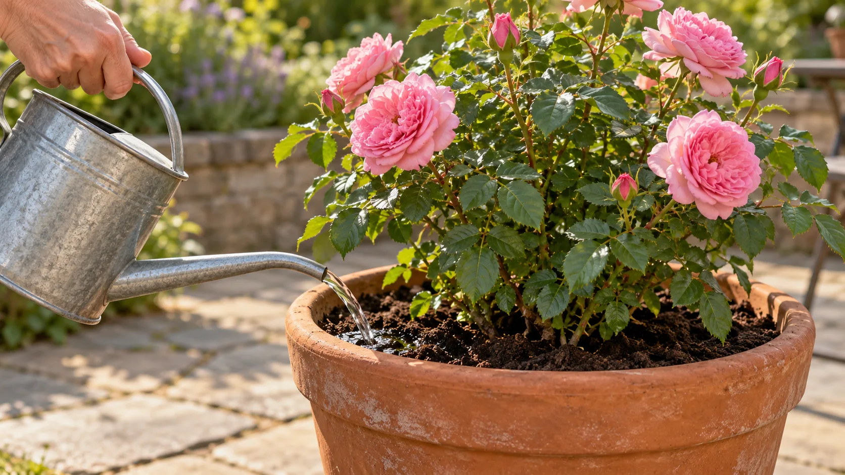 Arrosoir en métal versant un filet d'eau sur le terreau d'un rosier de patio fleuri, dans un grand pot profond en terre cuite, sous le feuillage