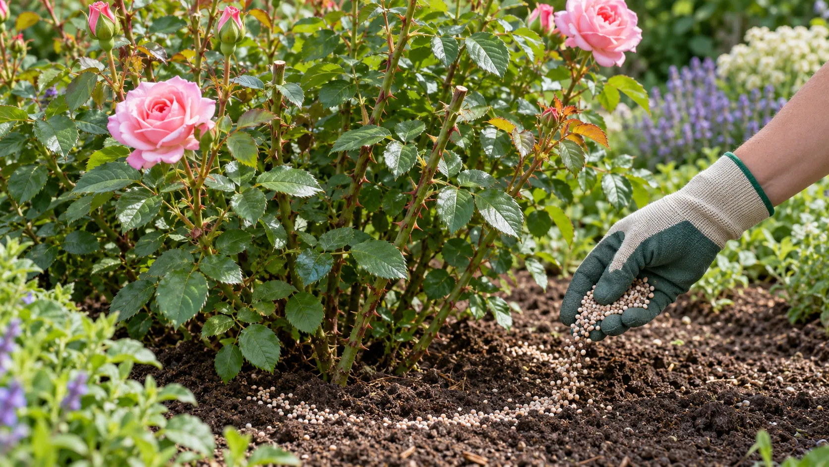 Une main gantée sème des granulés d'engrais clairs sur la terre au pied d'un rosier en plein feuillage d'été, tiges défleuries coupées, boutons neufs et quelques roses roses encore ouvertes