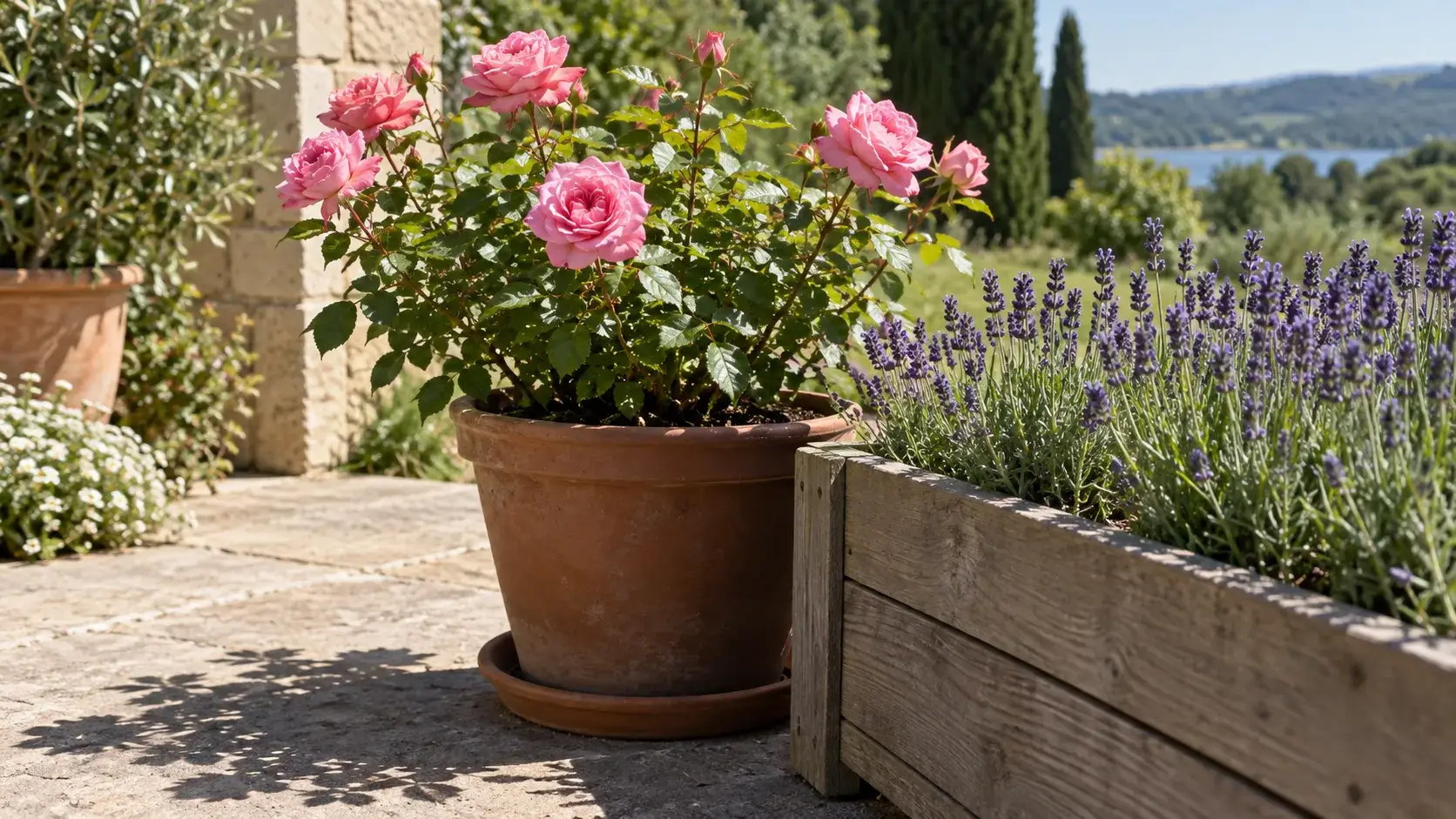 Rosier de patio fleuri en plein soleil sur une terrasse, son pot en terre cuite en partie à l'ombre d'une jardinière de lavande
