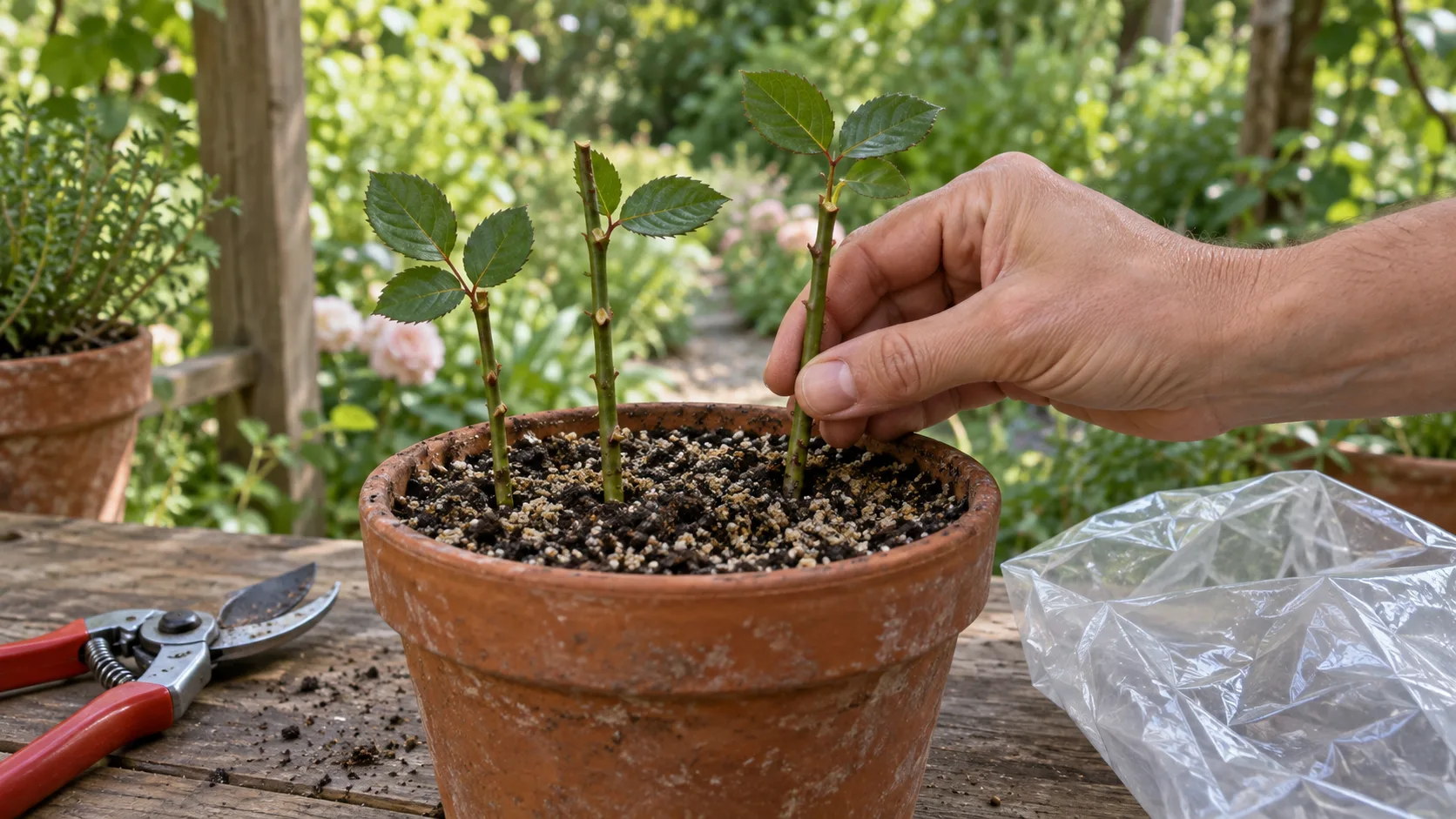 Main enfonçant une bouture de rosier effeuillée à la base dans un pot en terre cuite rempli de terreau mêlé de sable, deux autres boutures déjà en place