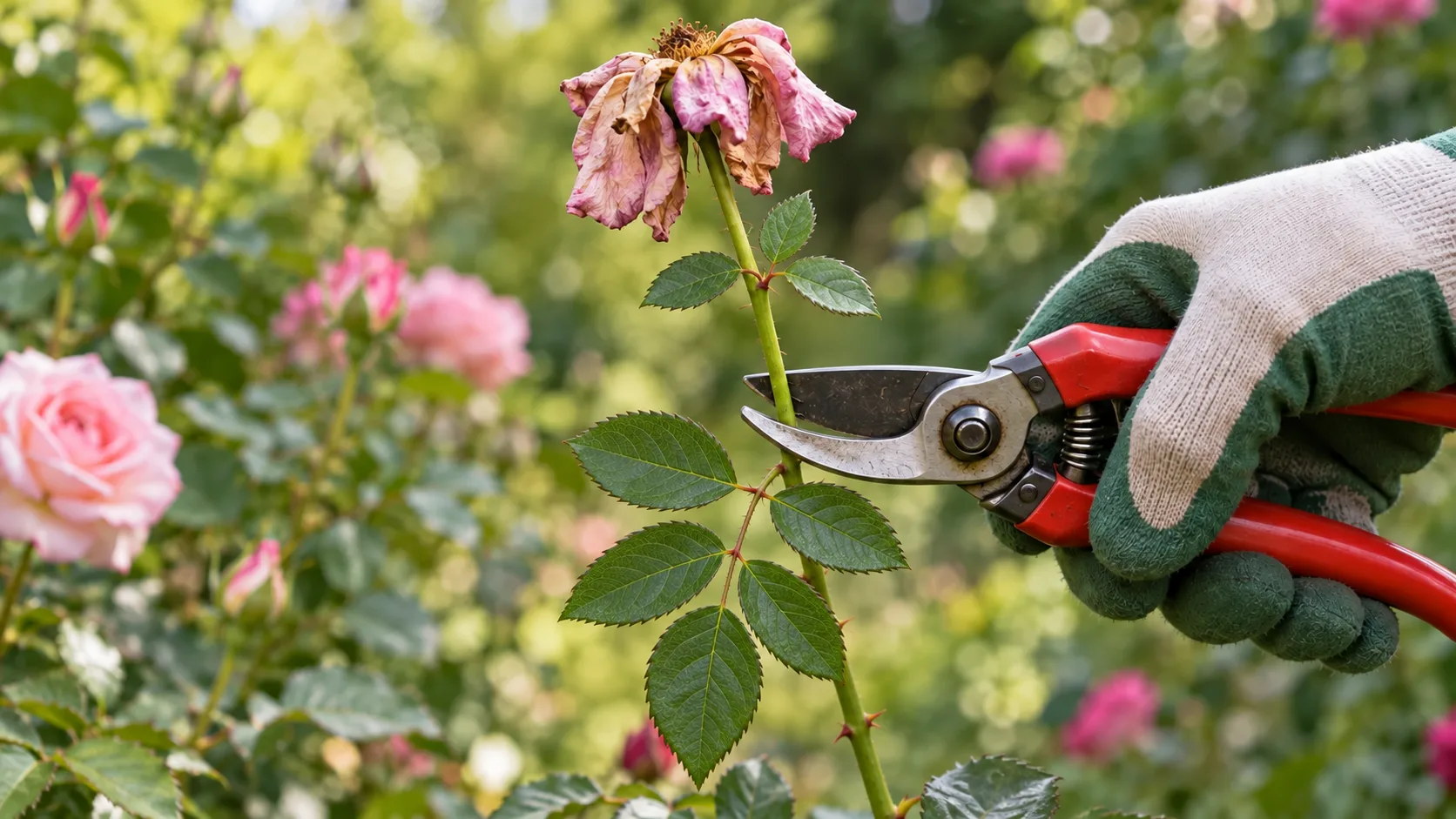 Main gantée coupant au sécateur la tige d'une rose fanée, juste au-dessus d'une feuille à cinq folioles