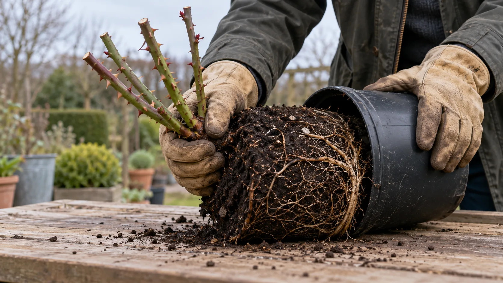 Mains en gants épais sortant un rosier taillé de son pot couché sur l'établi : une main tient la base des tiges, l'autre retient le pot, et la motte dense de racines glisse dehors