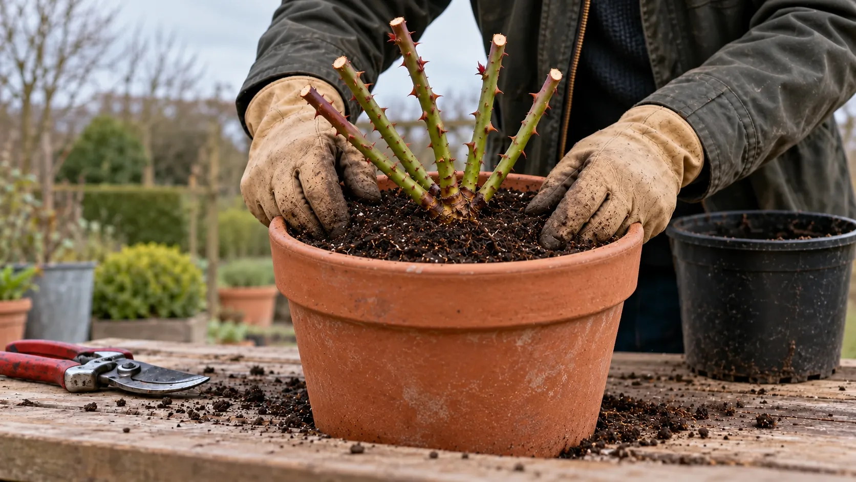 Rosier taillé replanté dans un pot de terre cuite à peine plus large que l'ancien, le dessus de la motte juste sous le bord, des mains gantées tassant le terreau neuf sur les côtés